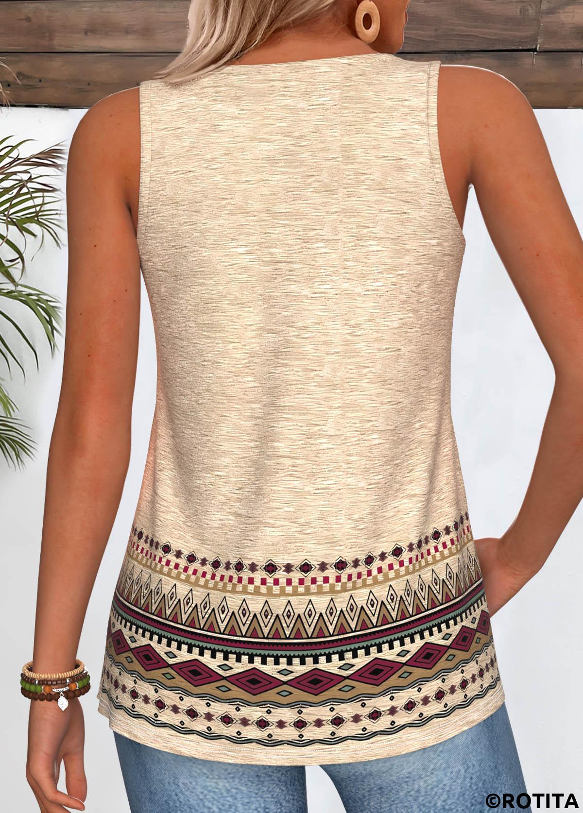 Light Camel tops,Tribal tops,ROTITA Curved Hem Tribal Print Light Camel Sleeveless Tank Top