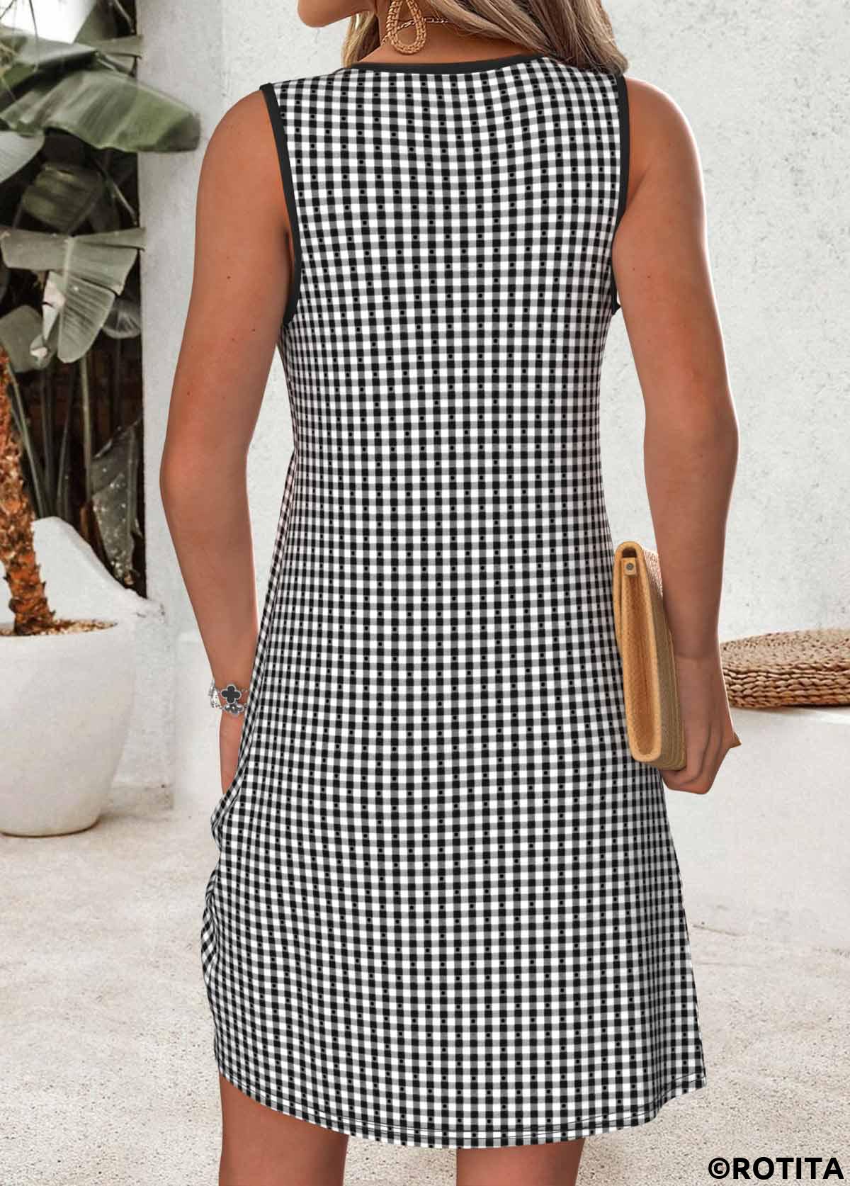 Black dresses,Plaid dresses,Vacation dresses,Vacation dresses,ROTITA Red Tummy Coverage Short Round Neck Sleeveless Dress