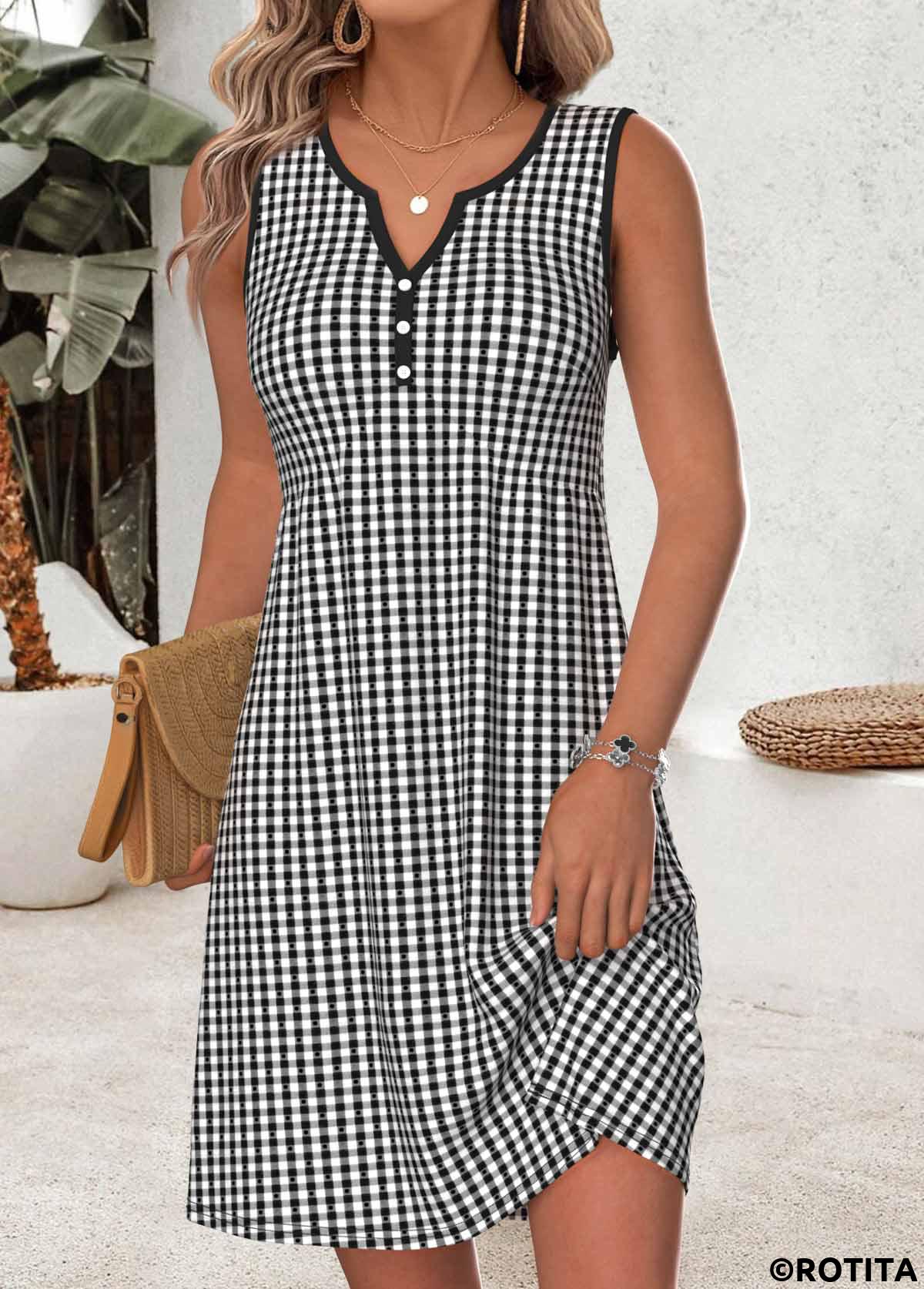 Black dresses,Plaid dresses,Vacation dresses,Vacation dresses,ROTITA Red Tummy Coverage Short Round Neck Sleeveless Dress