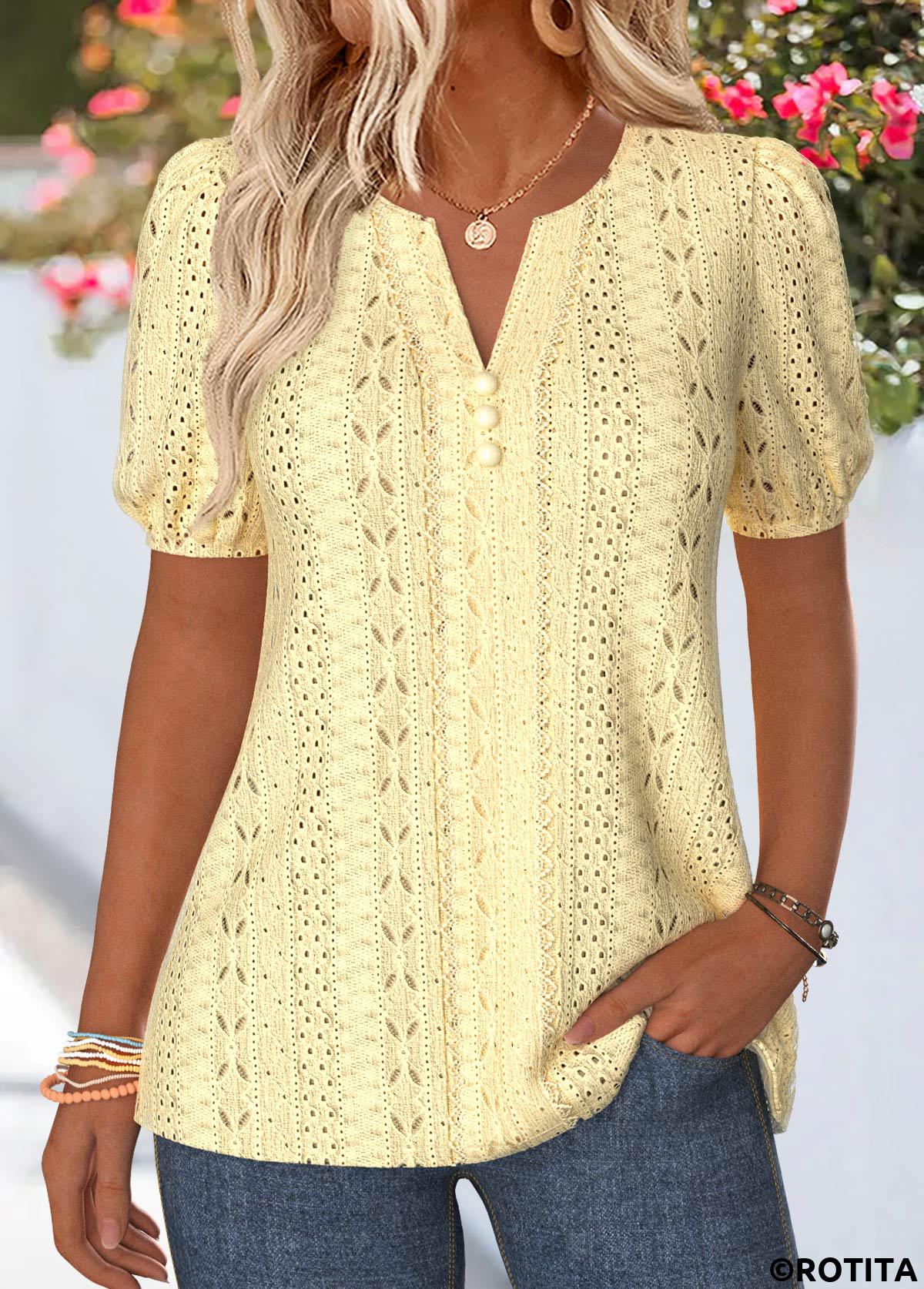 Light Yellow tops,Plain Color tops,ROTITA Curved Hem Light Yellow Split Neck Short Sleeve Blouse