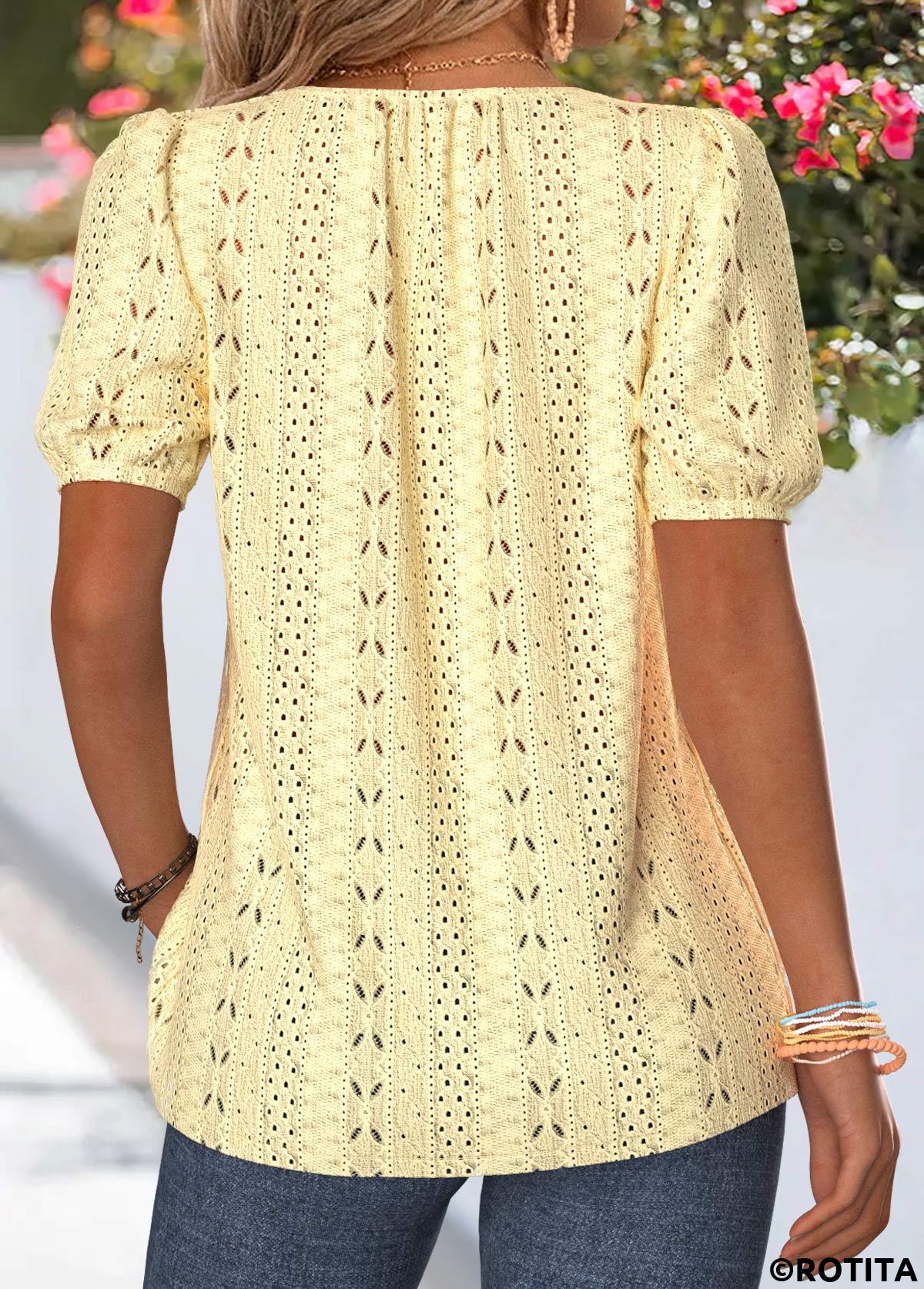 Light Yellow tops,Plain Color tops,ROTITA Curved Hem Light Yellow Split Neck Short Sleeve Blouse