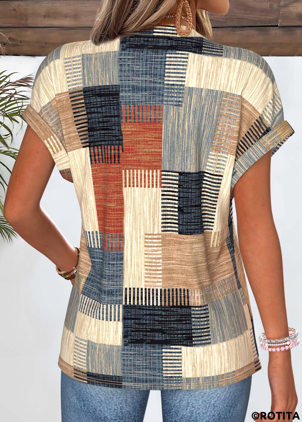 Multi Color tops,Geometric tops,ROTITA Geometric Print Multi Color Split Neck T Shirt