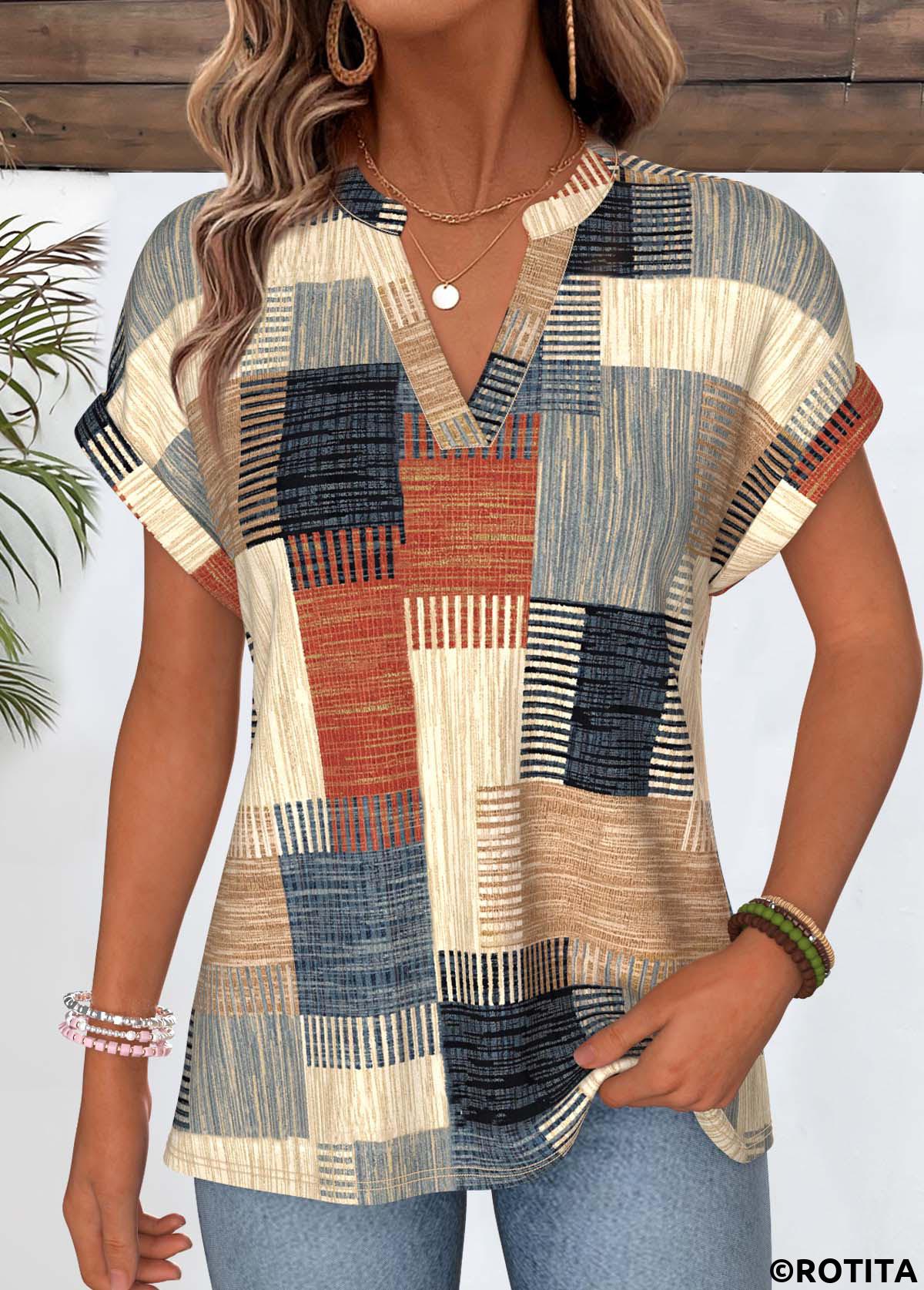 Multi Color tops,Geometric tops,ROTITA Geometric Print Multi Color Split Neck T Shirt