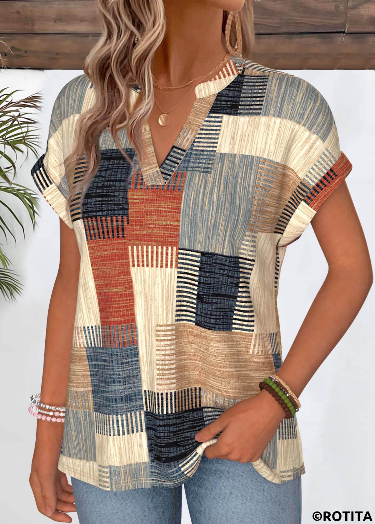 Multi Color tops,Geometric tops,ROTITA Geometric Print Multi Color Split Neck T Shirt