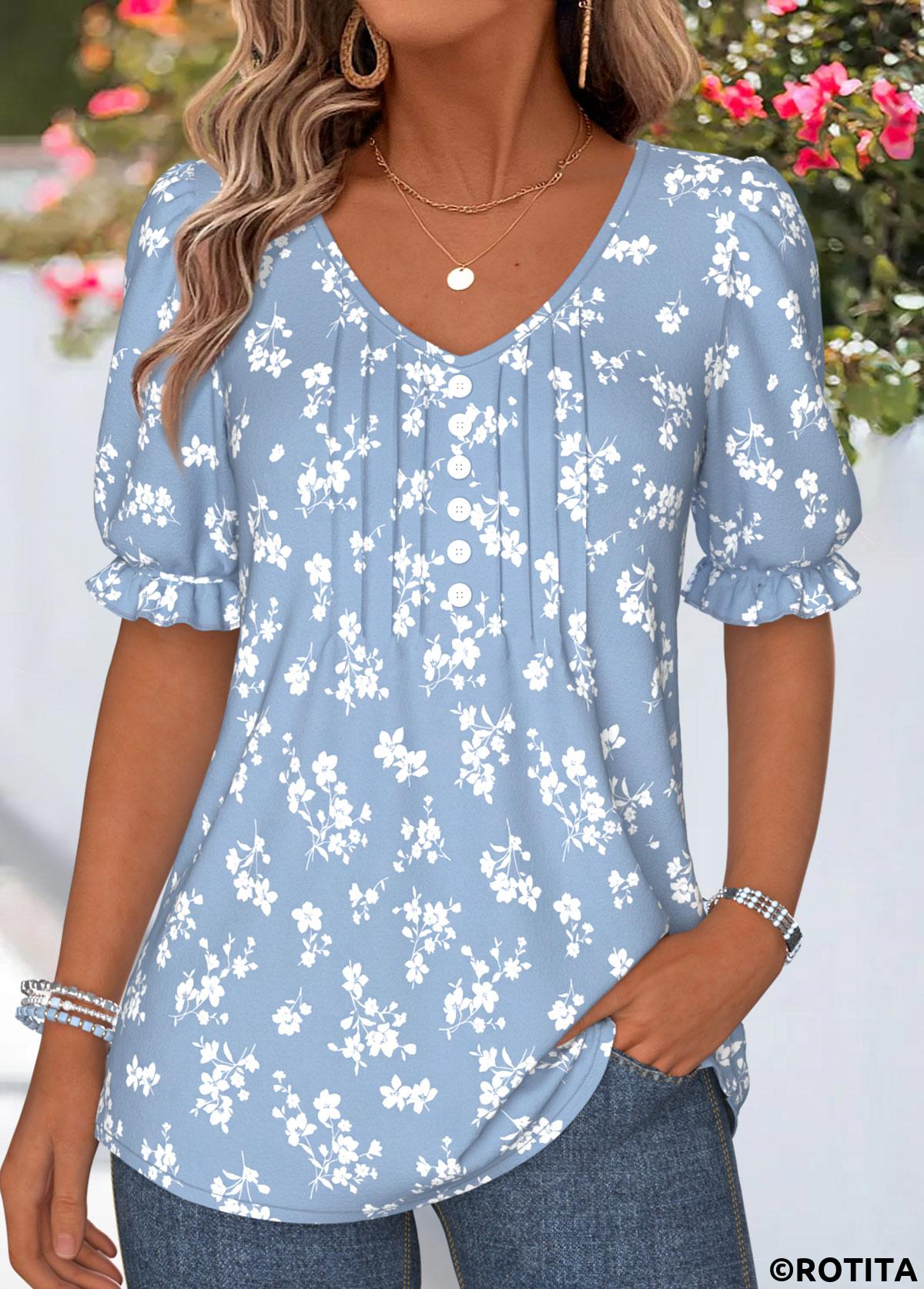 Light Blue tops,Ditsy Floral tops,ROTITA Curved Hem Ditsy Floral Print Light Blue T Shirt