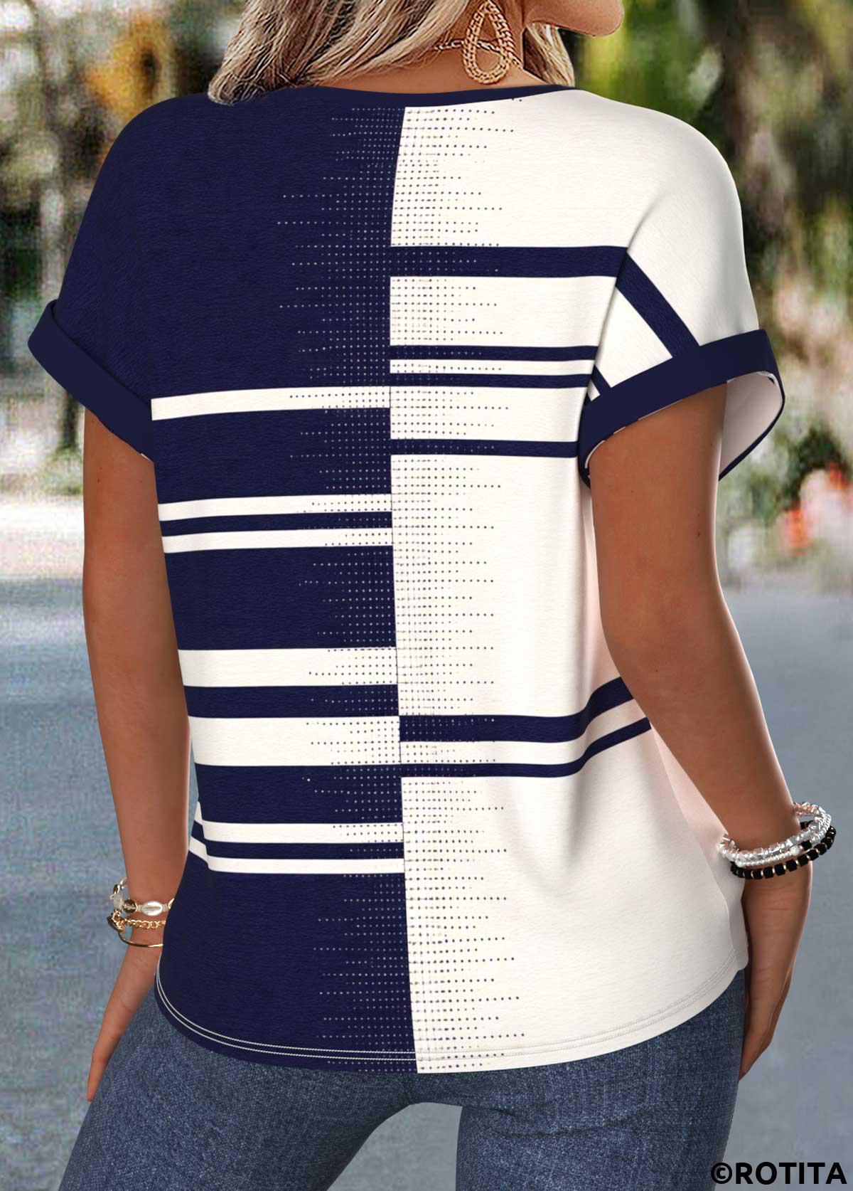 Navy tops,Geometric tops,ROTITA Tummy Coverage Geometric Print Navy Split Neck Blouse