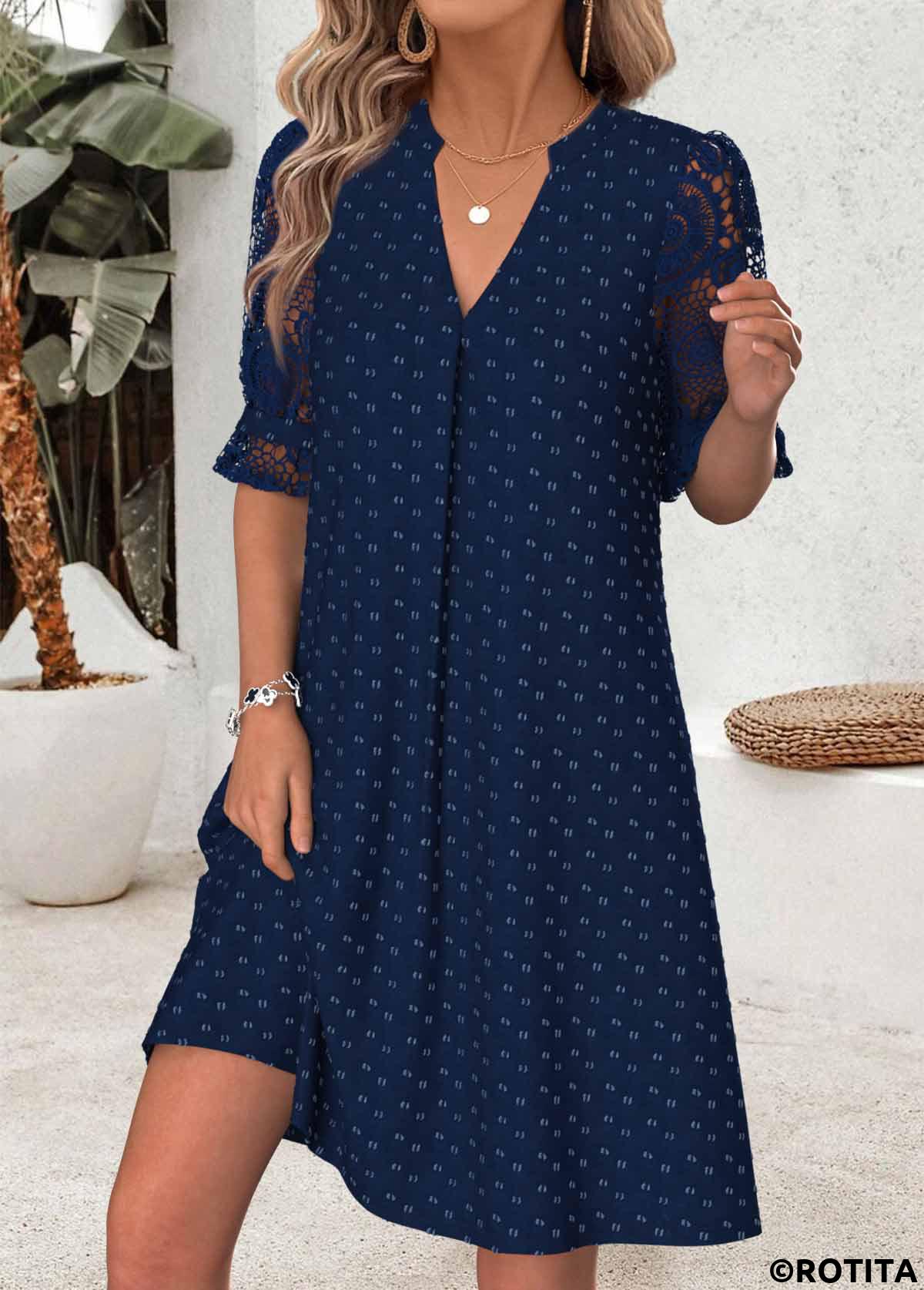 Navy dresses,Plain Color dresses,Vacation dresses,Vacation dresses,ROTITA Navy Shirred Short Split Neck Half Sleeve Dress