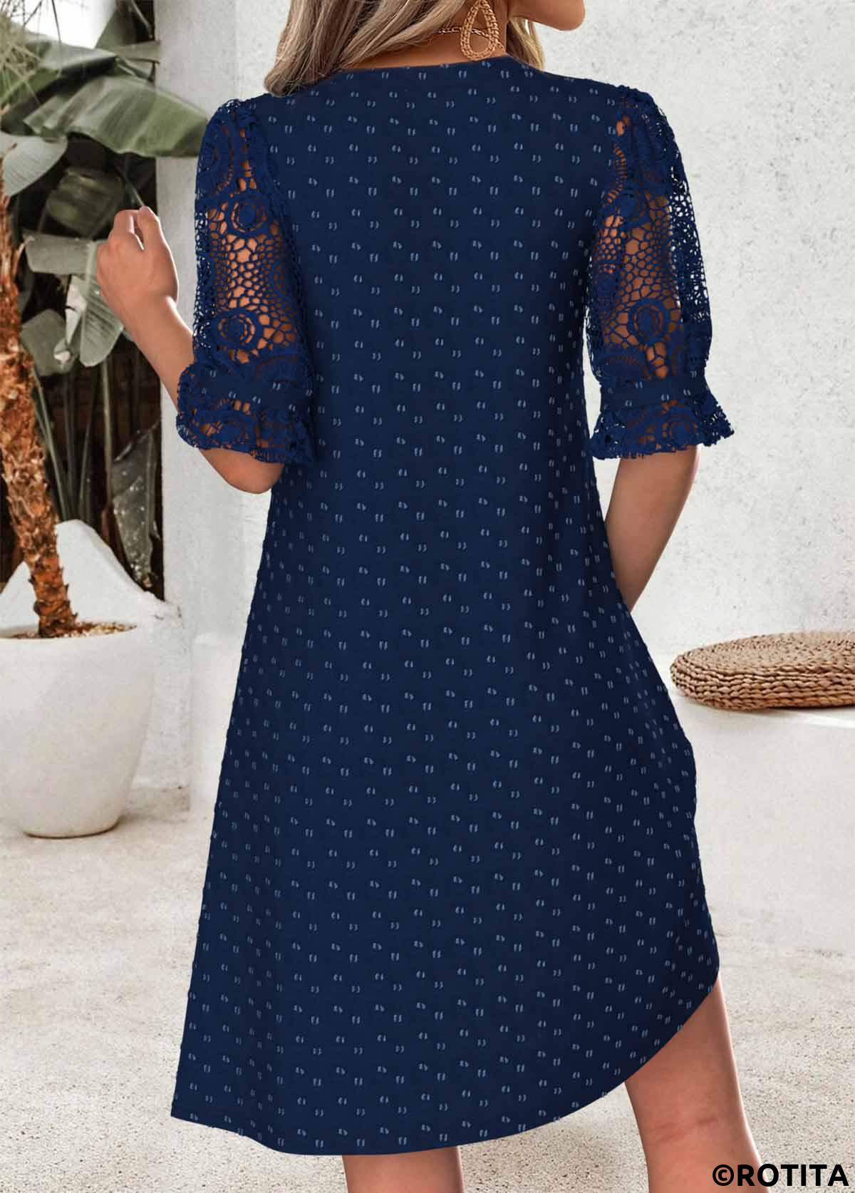 Navy dresses,Plain Color dresses,Vacation dresses,Vacation dresses,ROTITA Navy Shirred Short Split Neck Half Sleeve Dress