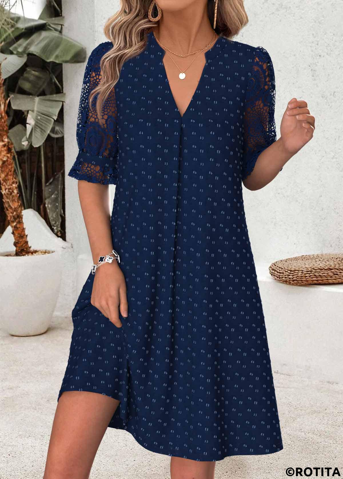 Navy dresses,Plain Color dresses,Vacation dresses,Vacation dresses,ROTITA Navy Shirred Short Split Neck Half Sleeve Dress