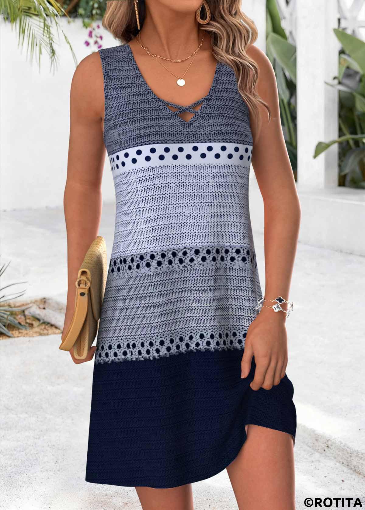 Blue dresses,Striped dresses,Geometric dresses,Vacation dresses,Vacation dresses,ROTITA Blue Multi Stripe Print Tummy Coverage Short Sleeveless Dress