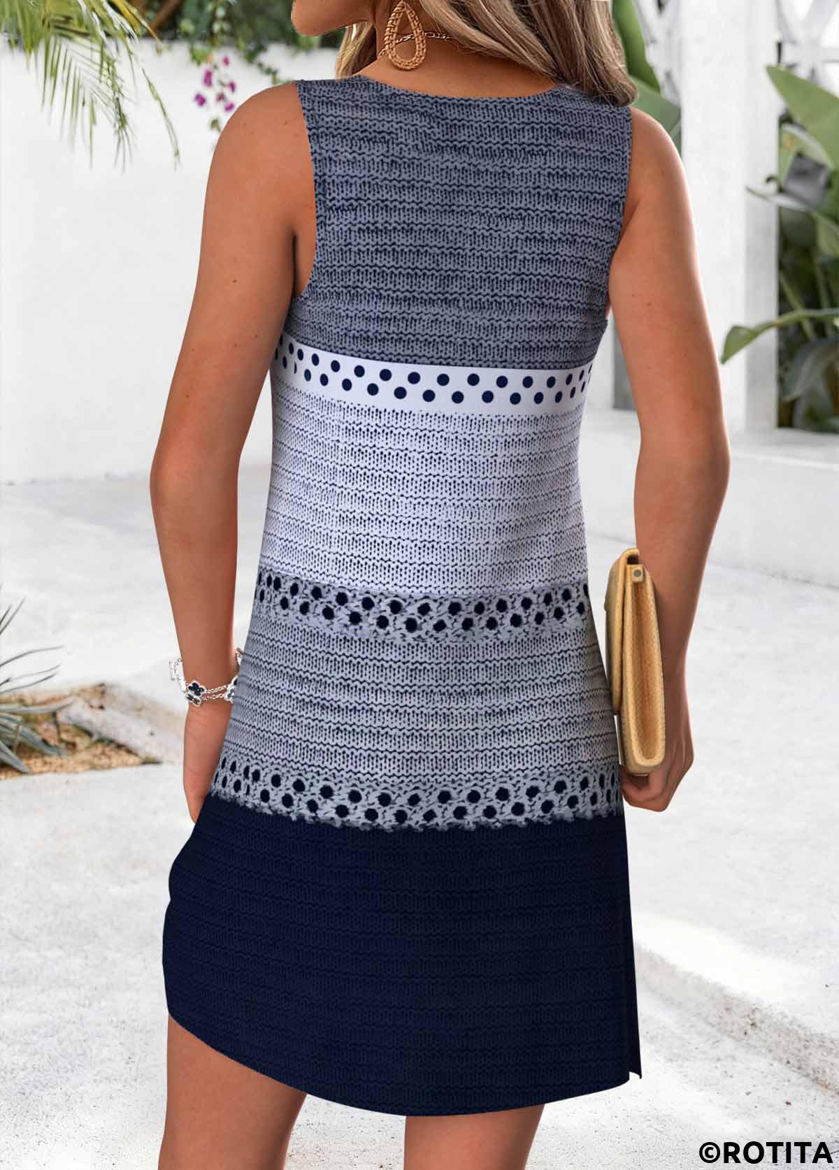 Blue dresses,Striped dresses,Geometric dresses,Vacation dresses,Vacation dresses,ROTITA Blue Multi Stripe Print Tummy Coverage Short Sleeveless Dress