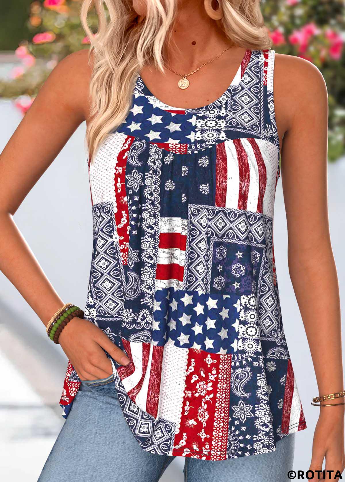 Navy tops,Tribal tops,ROTITA American Flag Curved Hem Tribal Print Navy Tank Top