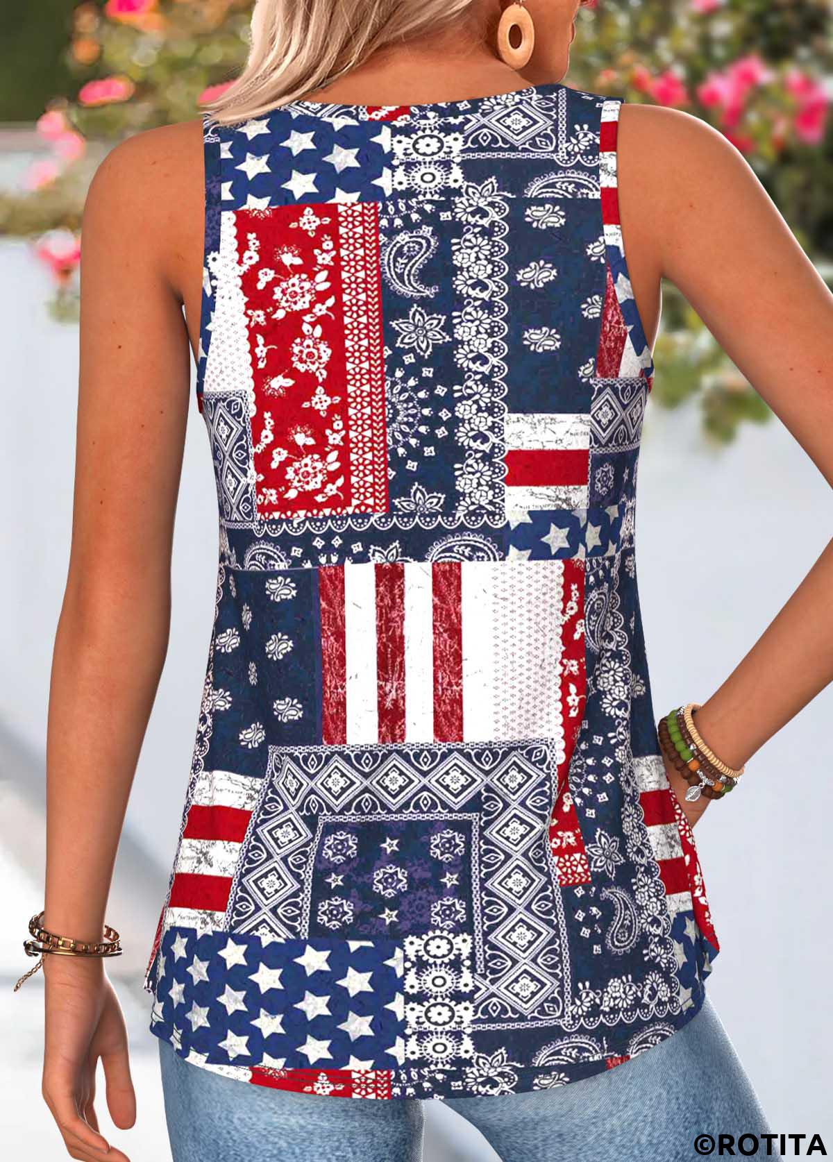 Navy tops,Tribal tops,ROTITA American Flag Curved Hem Tribal Print Navy Tank Top