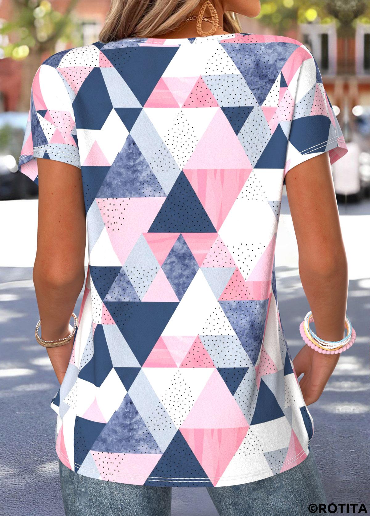 Multi Color tops,Geometric tops,ROTITA Tummy Coverage Geometric Print Multi Color T Shirt