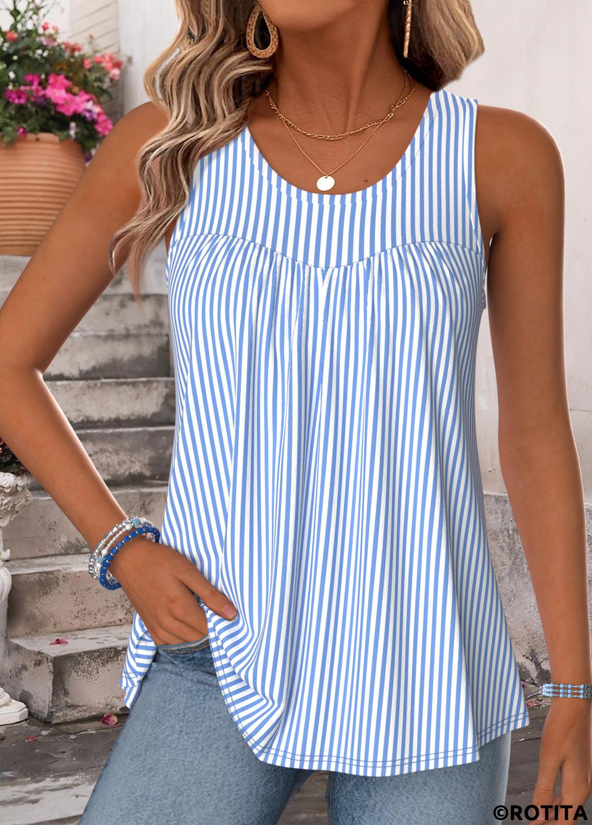 Blue tops,Striped tops,Geometric tops,ROTITA Curved Hem Striped Blue Scoop Neck Sleeveless Tank Top