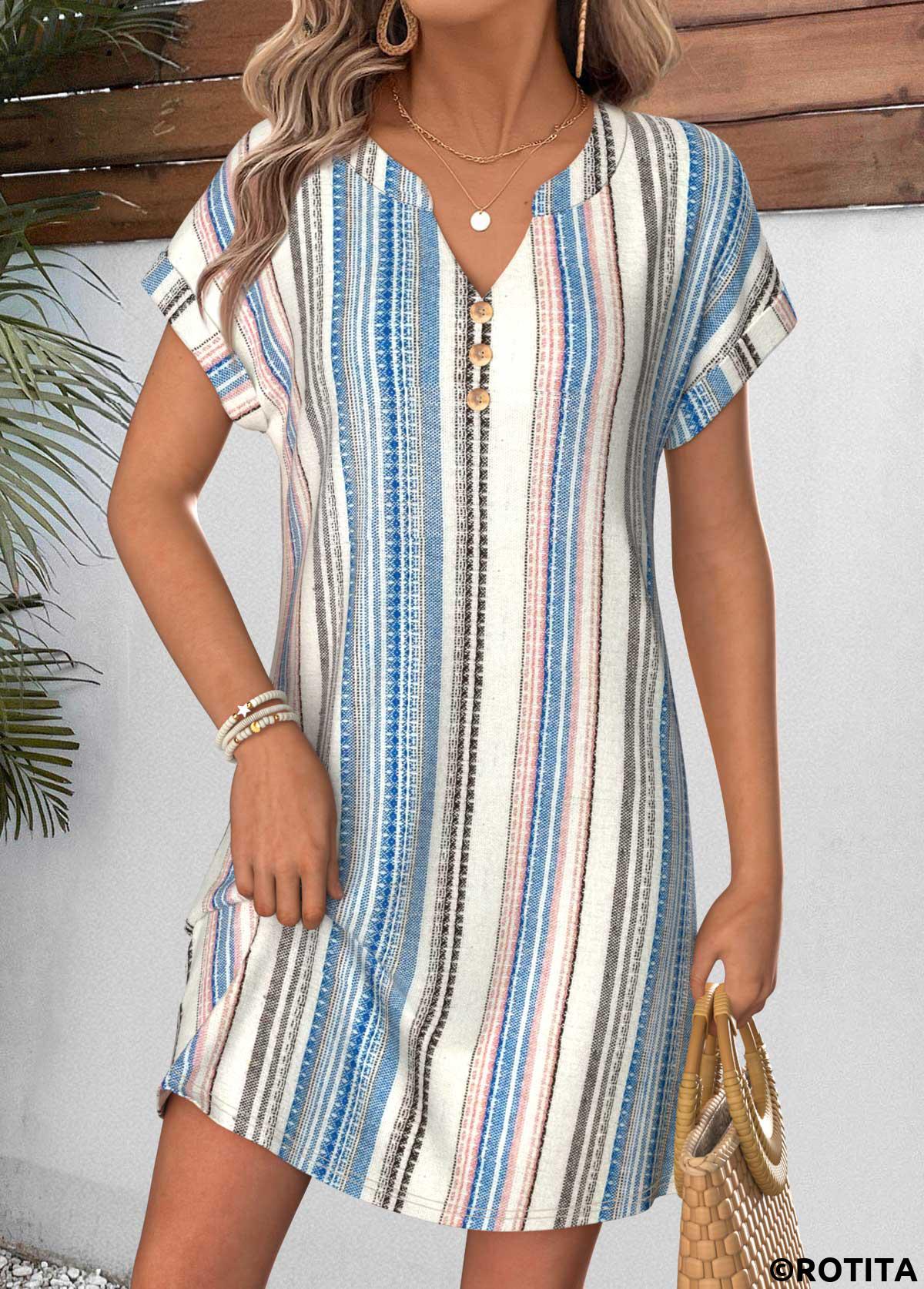 Multi Color dresses,Striped dresses,Geometric dresses,Vacation dresses,Vacation dresses,ROTITA Multi Color Striped Tummy Coverage Short Split Neck Dress