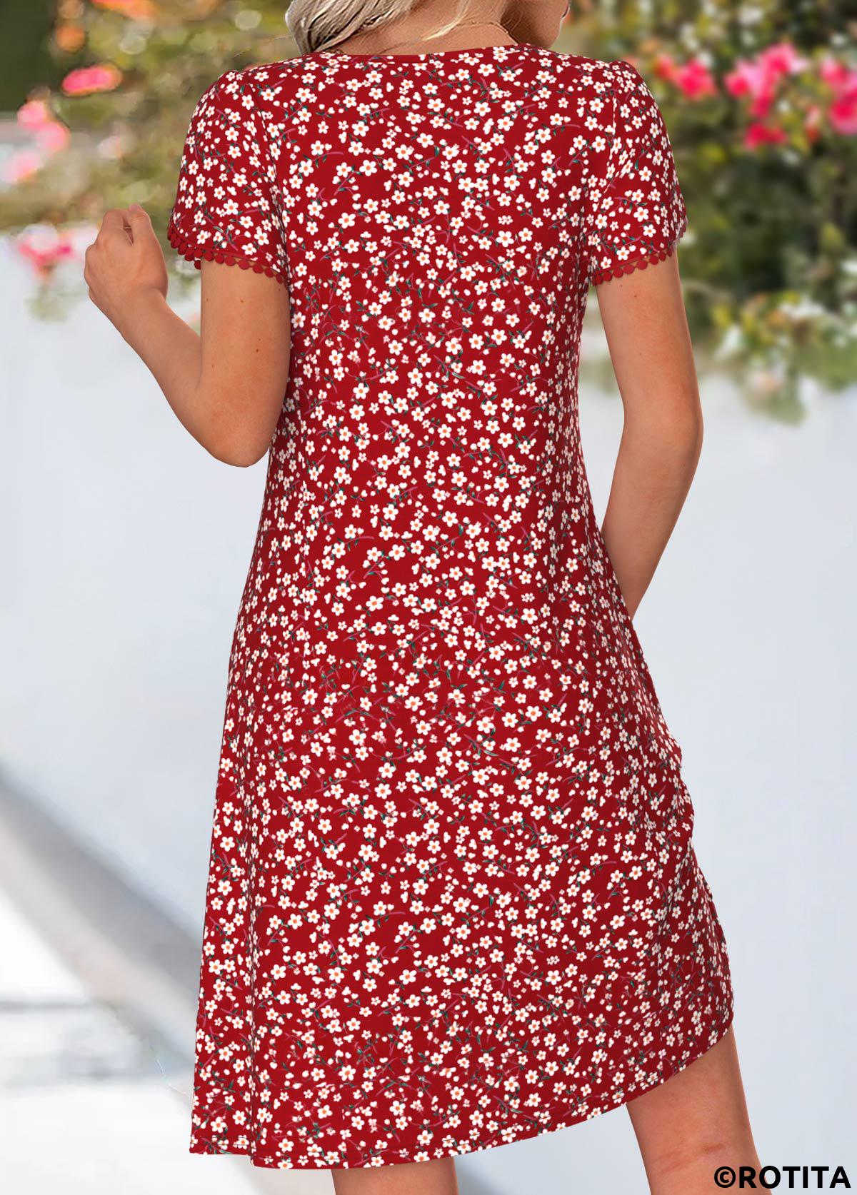 Red dresses,Ditsy Floral dresses,Everyday dresses,Casual dresses,ROTITA Red Ditsy Floral Print Tuck Stitch Short Dress