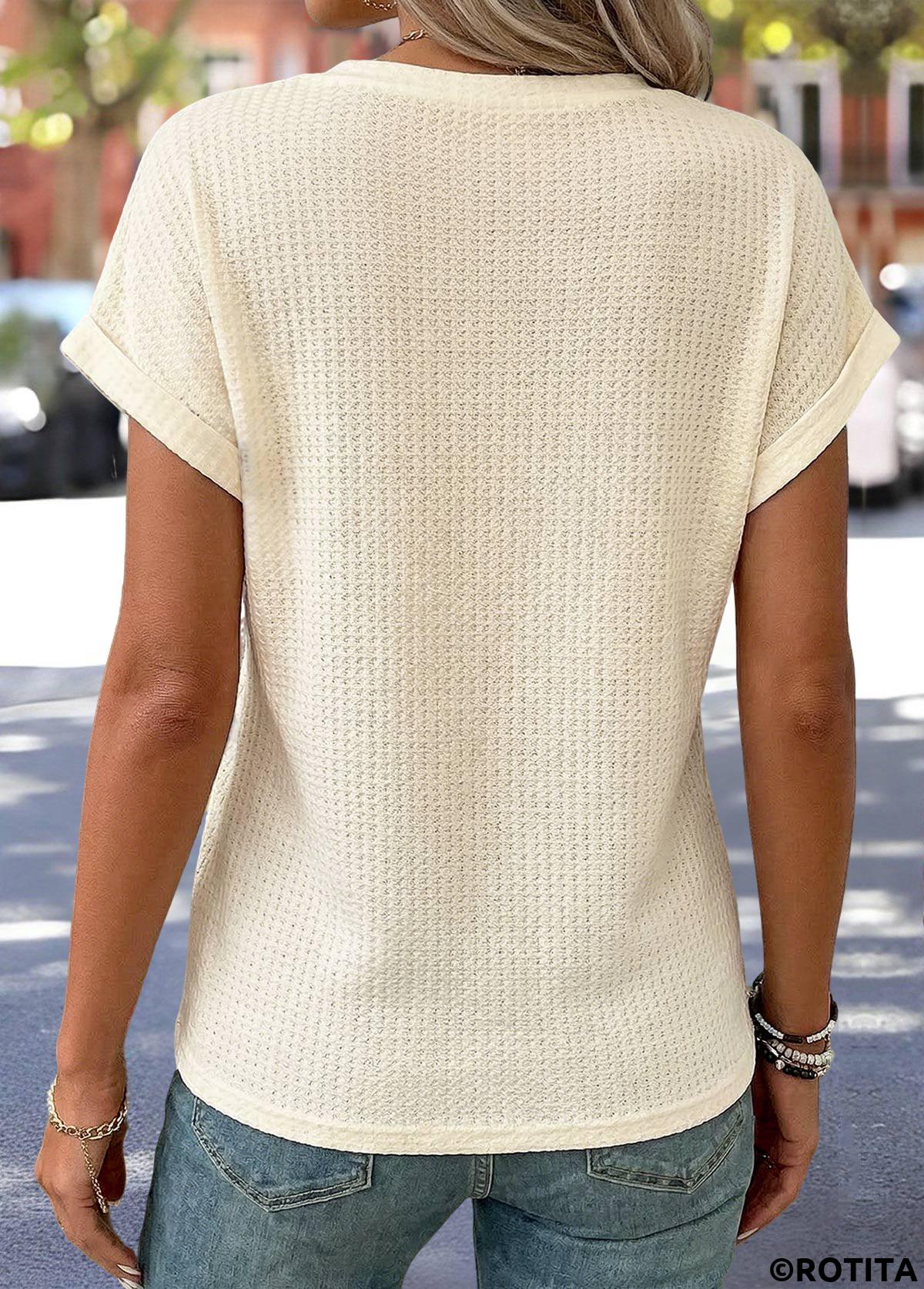 Beige tops,Plain Color tops,ROTITA Surplice Beige Round Neck Short Sleeve T Shirt