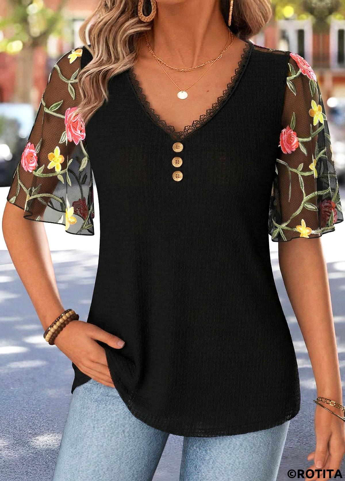 Black tops,Plain Color tops,ROTITA Curved Hem Black V Neck Half Sleeve T Shirt