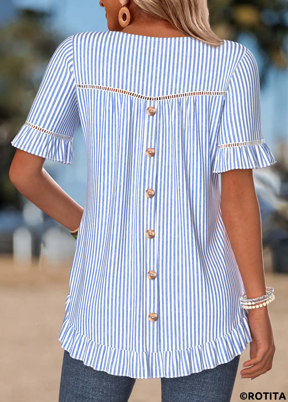 Blue tops,Striped tops,Geometric tops,ROTITA Frill Striped Blue Round Neck Short Sleeve T Shirt