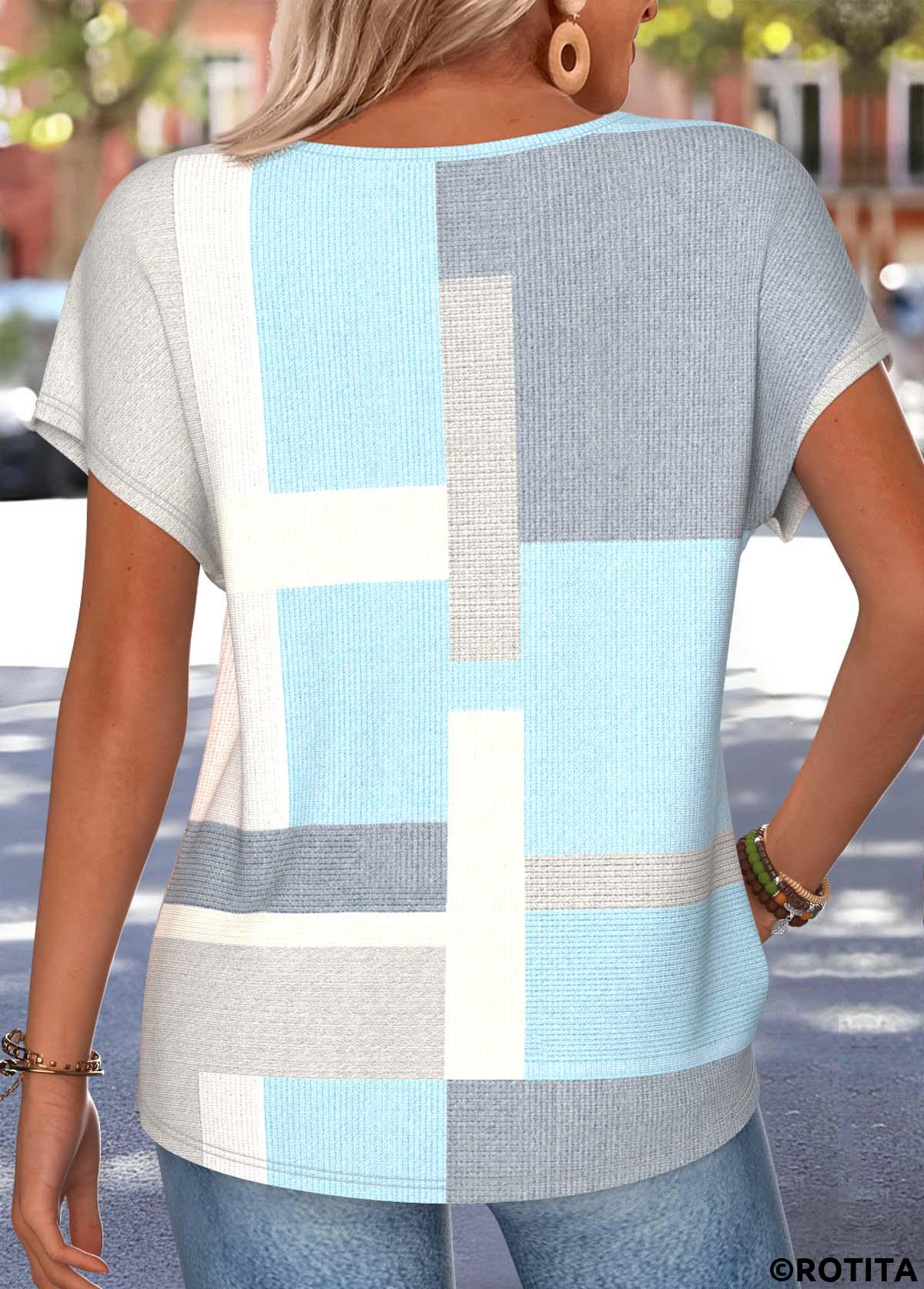 Blue tops,Geometric tops,ROTITA Geometric Print Blue Round Neck Short Sleeve T Shirt