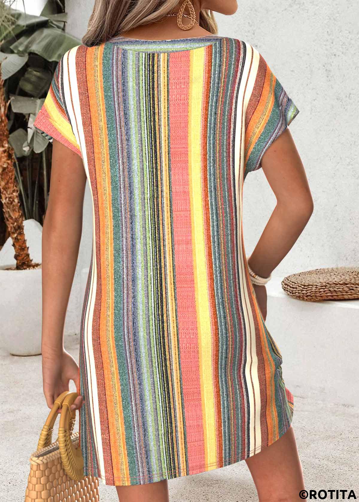 Multi Color dresses,Striped dresses,Geometric dresses,Everyday dresses,Casual dresses,ROTITA Multi Color Tummy Coverage Short Split Neck Dress