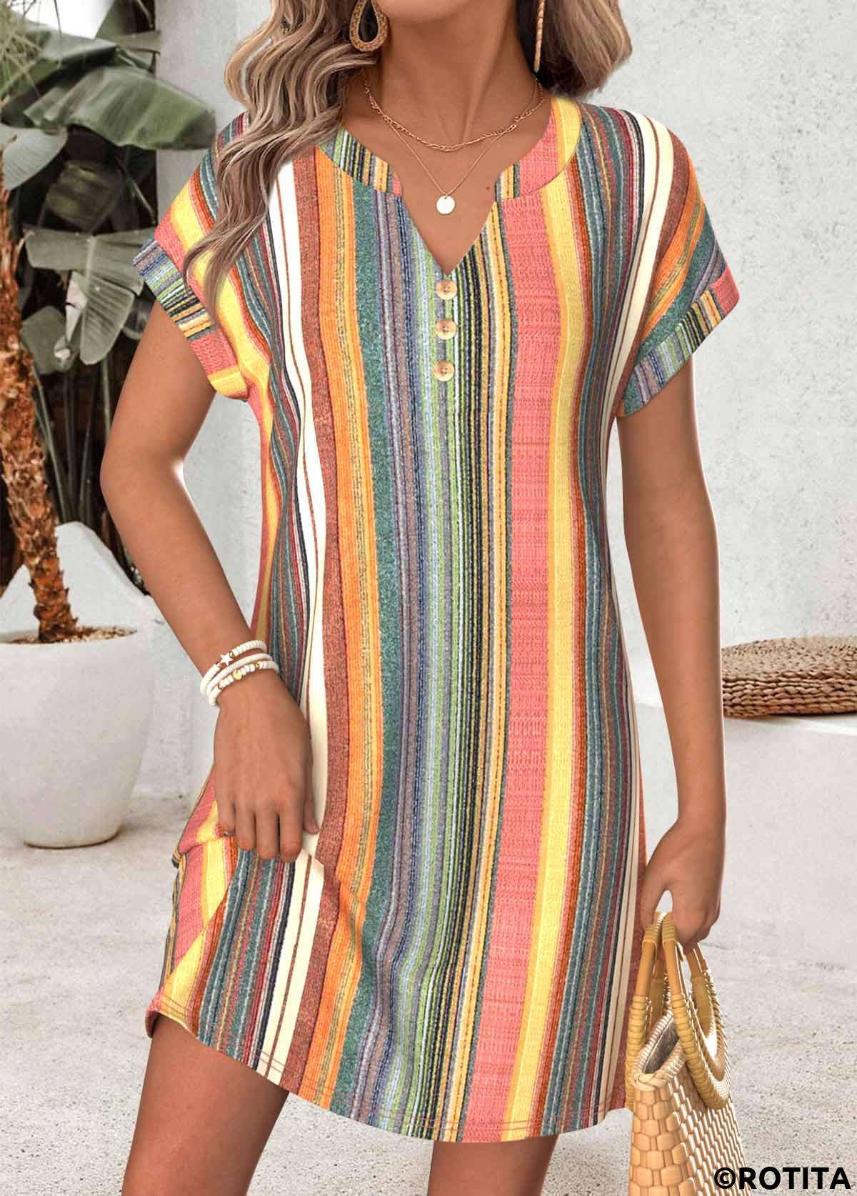 Multi Color dresses,Striped dresses,Geometric dresses,Everyday dresses,Casual dresses,ROTITA Multi Color Tummy Coverage Short Split Neck Dress