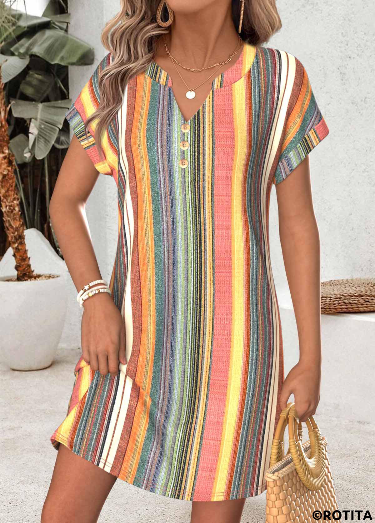 Multi Color dresses,Striped dresses,Geometric dresses,Everyday dresses,Casual dresses,ROTITA Multi Color Tummy Coverage Short Split Neck Dress