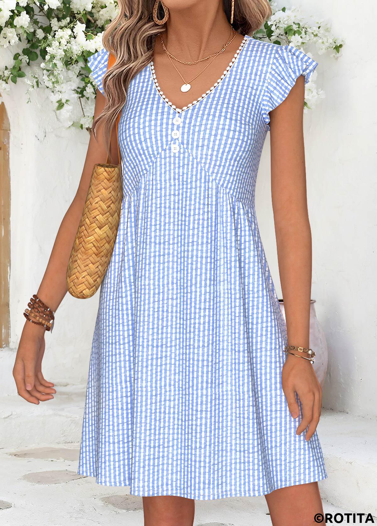 Light Blue dresses,Striped dresses,Geometric dresses,Vacation dresses,Vacation dresses,ROTITA Light Blue Striped Shirred Short V Neck Dress