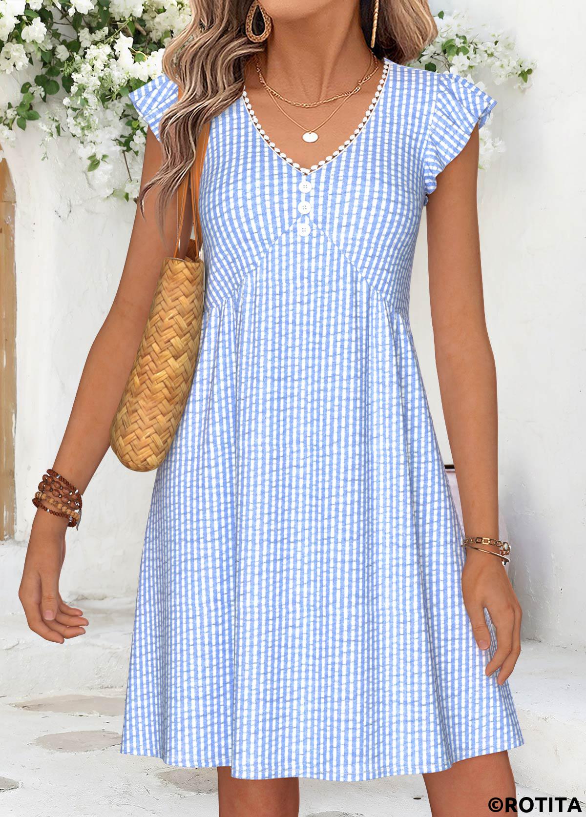 Light Blue dresses,Striped dresses,Geometric dresses,Vacation dresses,Vacation dresses,ROTITA Light Blue Striped Shirred Short V Neck Dress