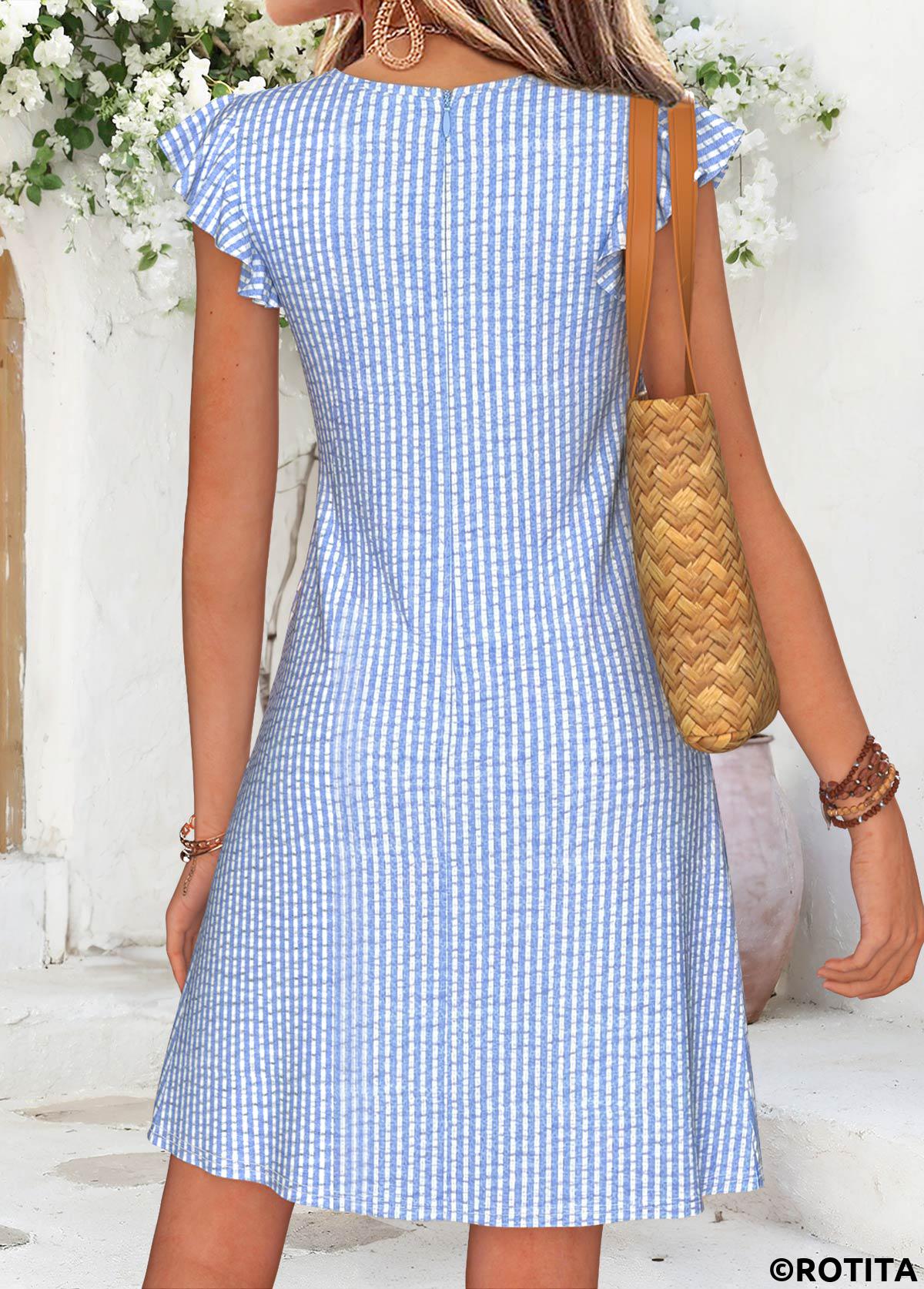 Light Blue dresses,Striped dresses,Geometric dresses,Vacation dresses,Vacation dresses,ROTITA Light Blue Striped Shirred Short V Neck Dress