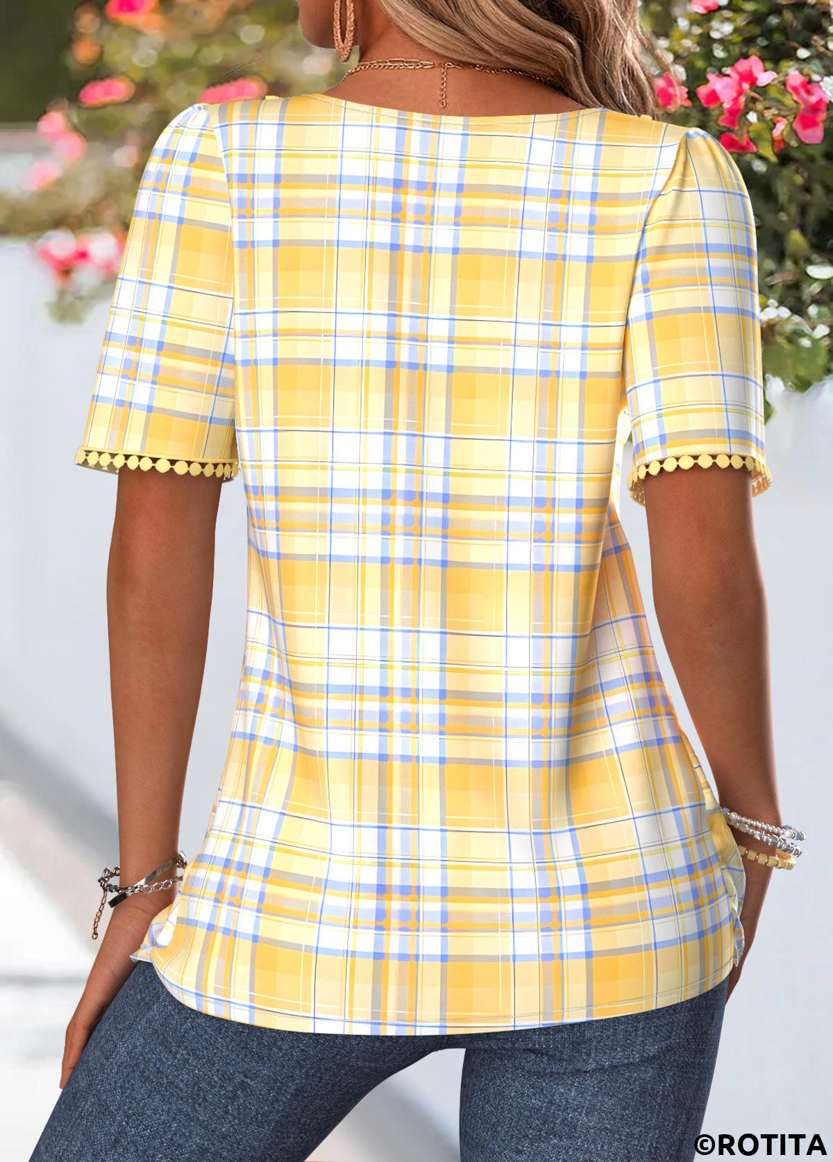 Yellow tops,Plaid tops,Geometric tops,ROTITA Pleated Plaid Yellow Square Neck Short Sleeve T Shirt