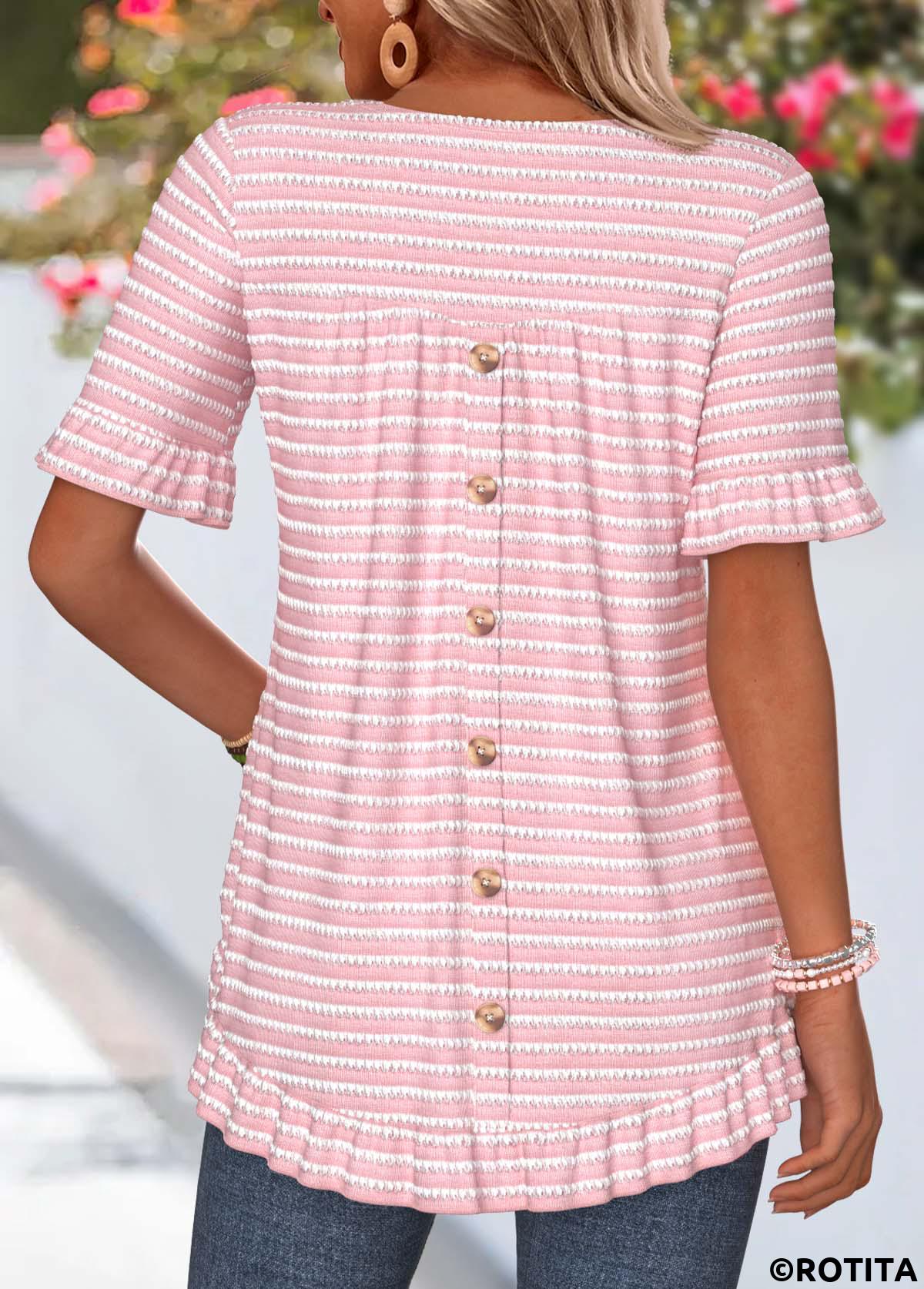 Pink tops,Striped tops,Geometric tops,ROTITA Frill Striped Pink Round Neck Short Sleeve T Shirt