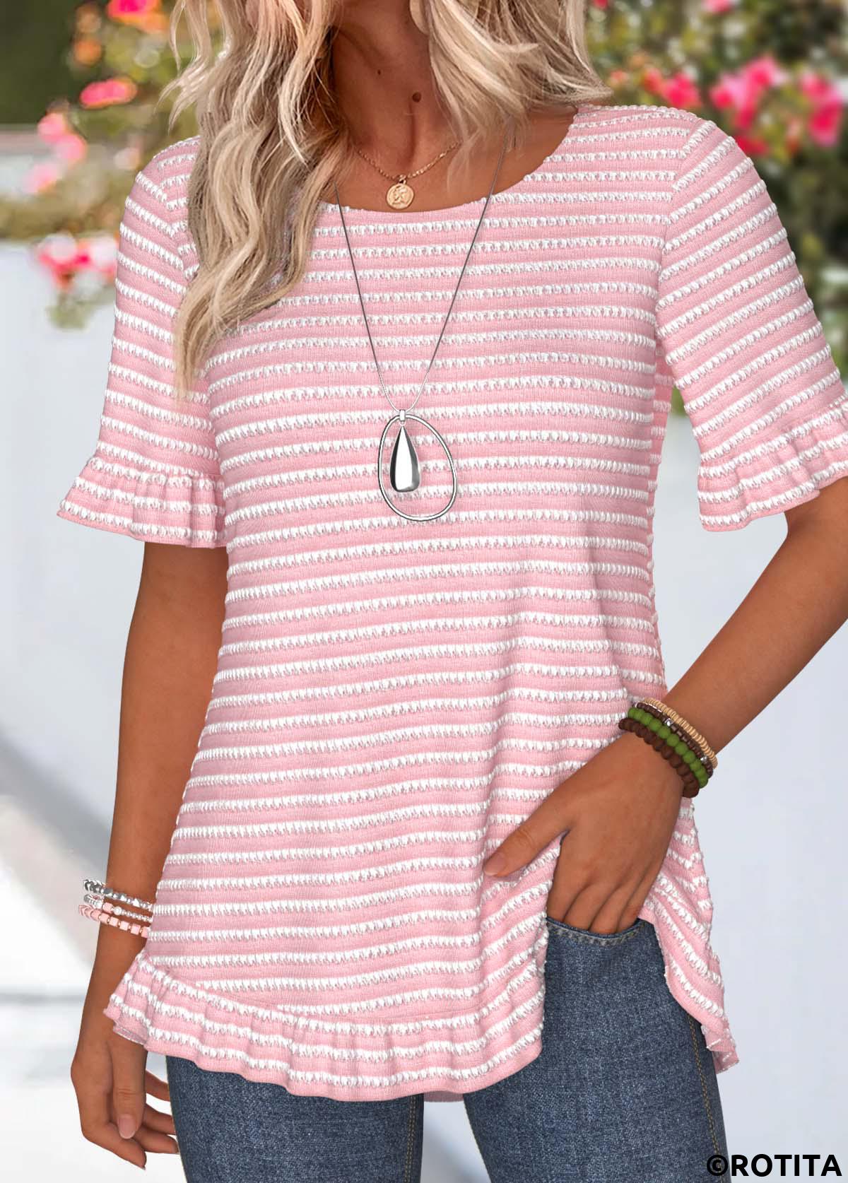 Pink tops,Striped tops,Geometric tops,ROTITA Frill Striped Pink Round Neck Short Sleeve T Shirt