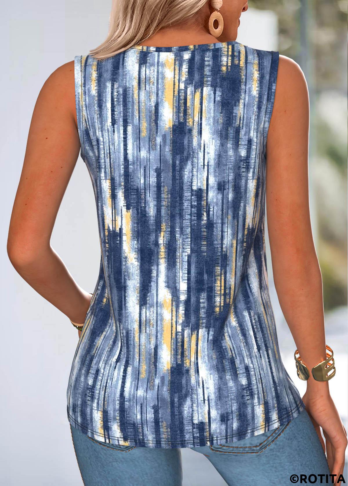 Navy tops,Geometric tops,ROTITA Tummy Coverage Geometric Print Navy Round Neck Tank Top