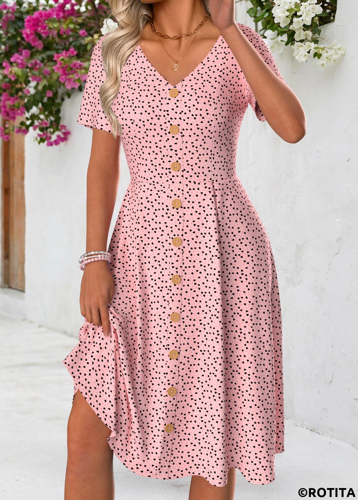 Pink dresses,Dot dresses,Everyday dresses,Casual dresses,ROTITA Polka Dot Pink V Neck Short Sleeve Dress