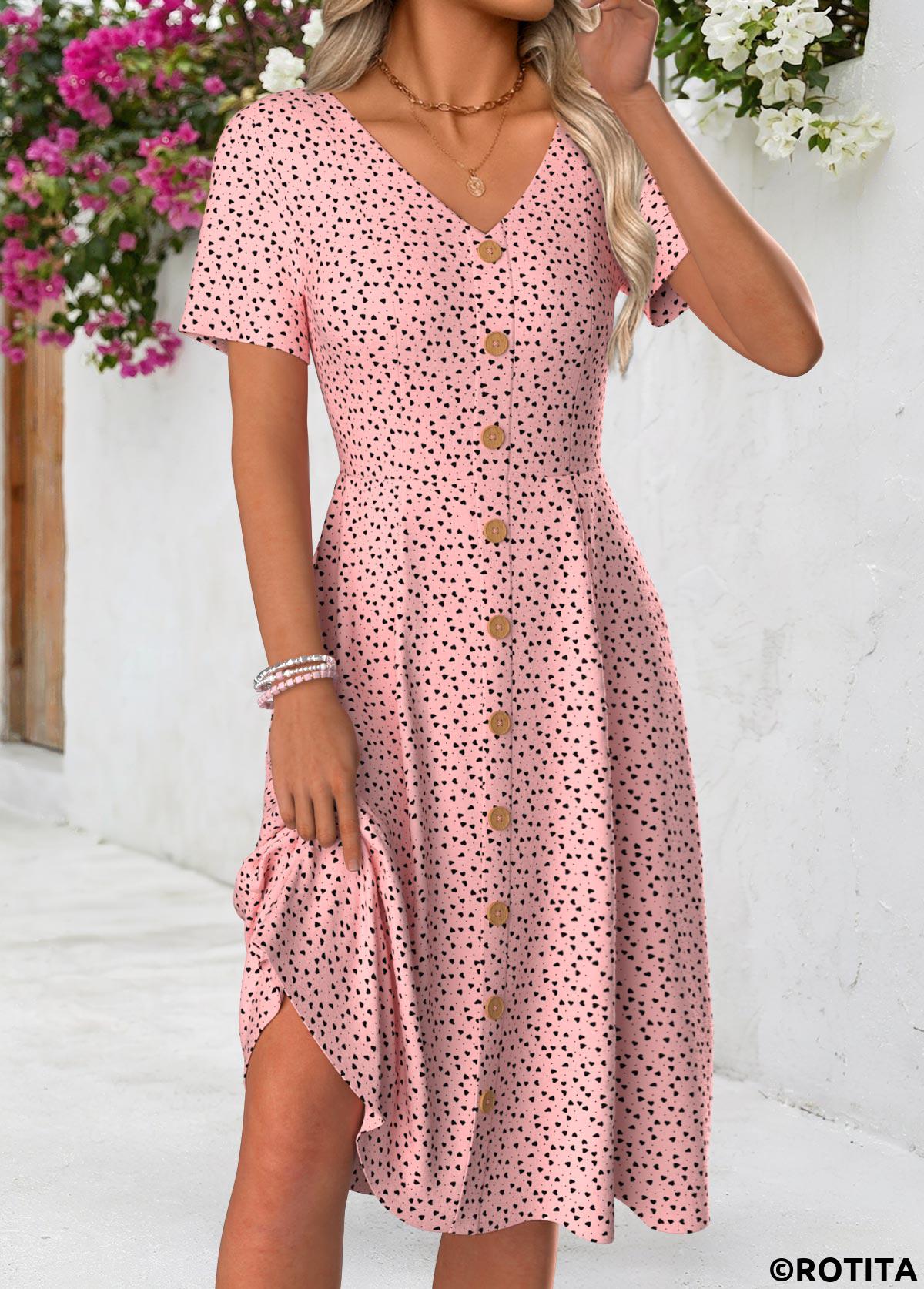 Pink dresses,Dot dresses,Everyday dresses,Casual dresses,ROTITA Polka Dot Pink V Neck Short Sleeve Dress