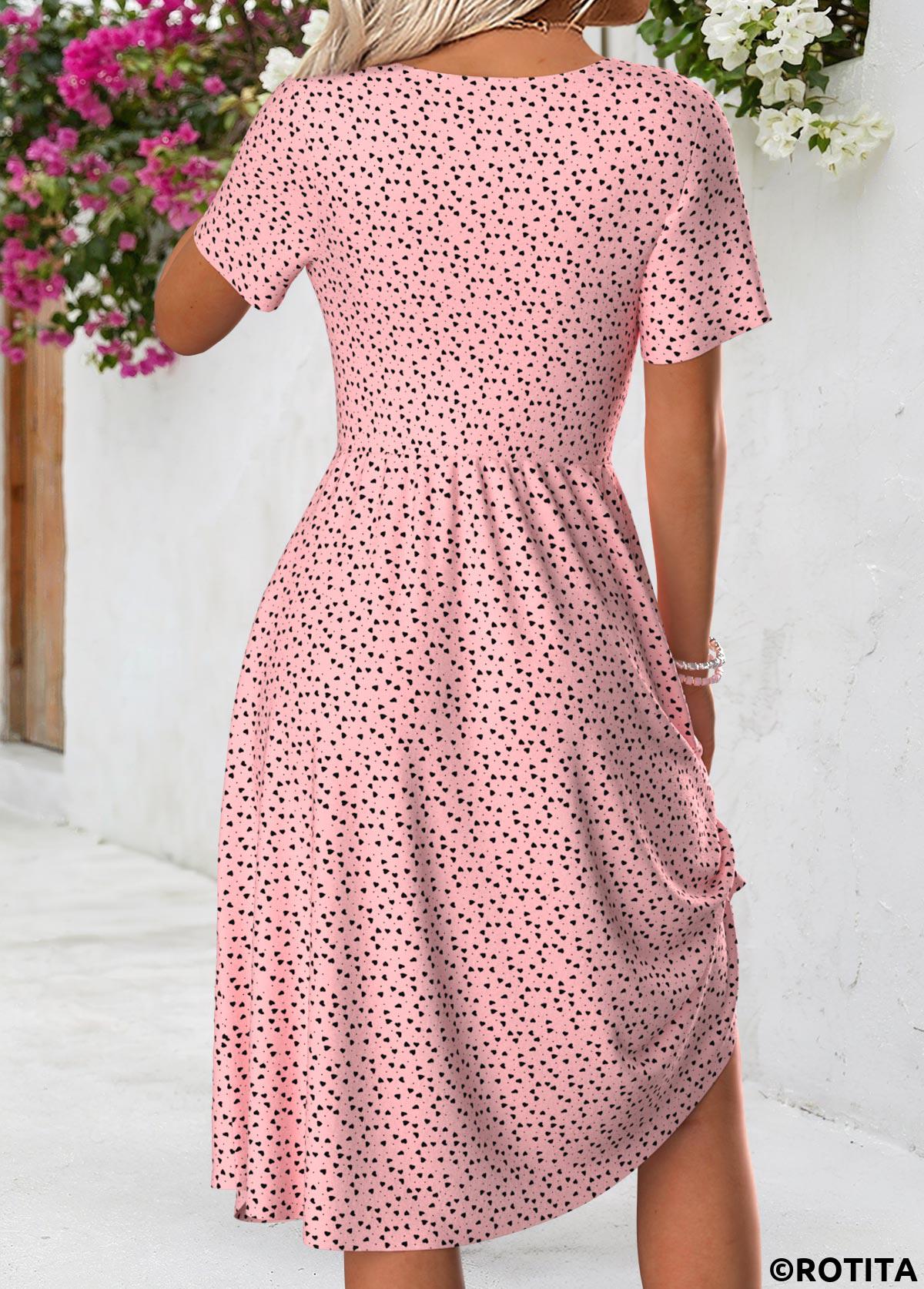 Pink dresses,Dot dresses,Everyday dresses,Casual dresses,ROTITA Polka Dot Pink V Neck Short Sleeve Dress