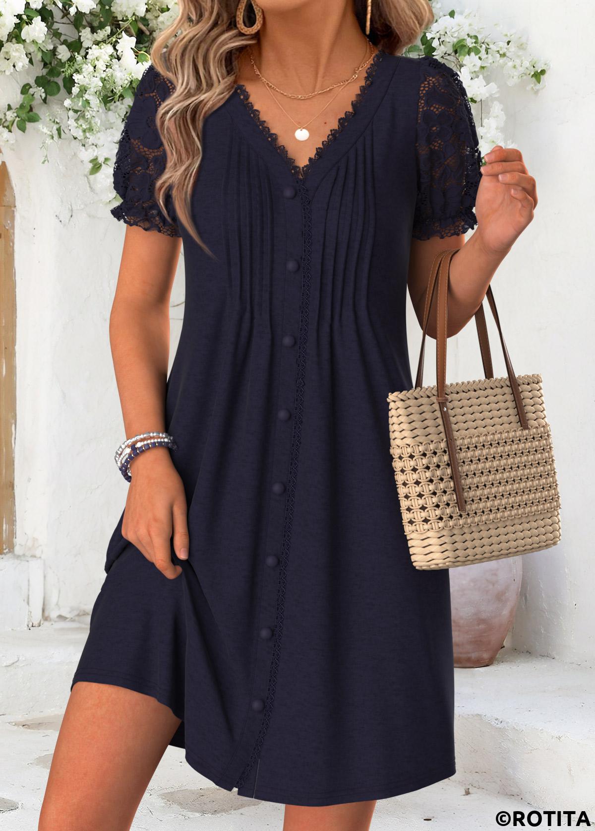 Navy dresses,Plain Color dresses,Vacation dresses,Vacation dresses,ROTITA Navy Tuck Stitch Short V Neck Dress