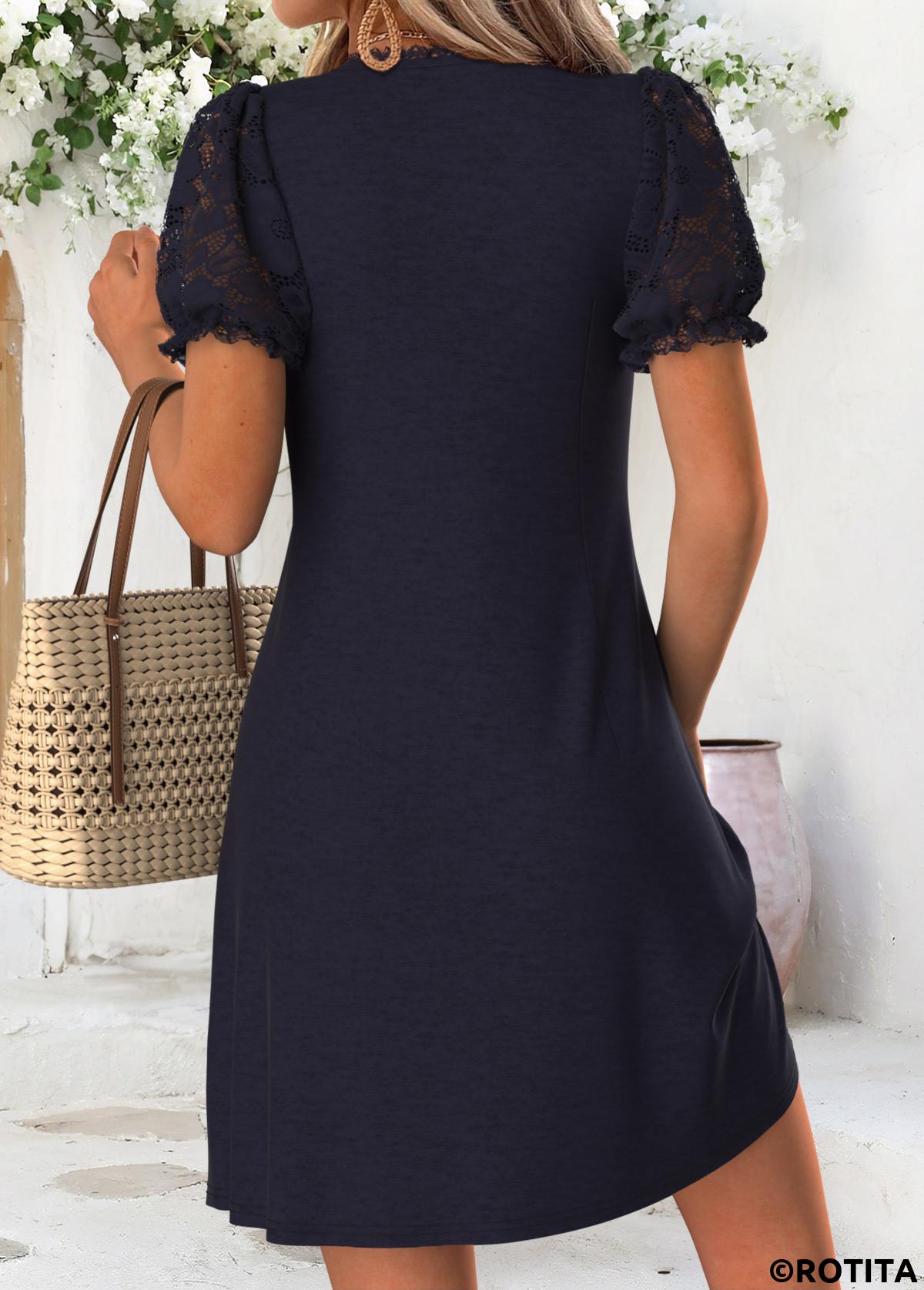 Navy dresses,Plain Color dresses,Vacation dresses,Vacation dresses,ROTITA Navy Tuck Stitch Short V Neck Dress