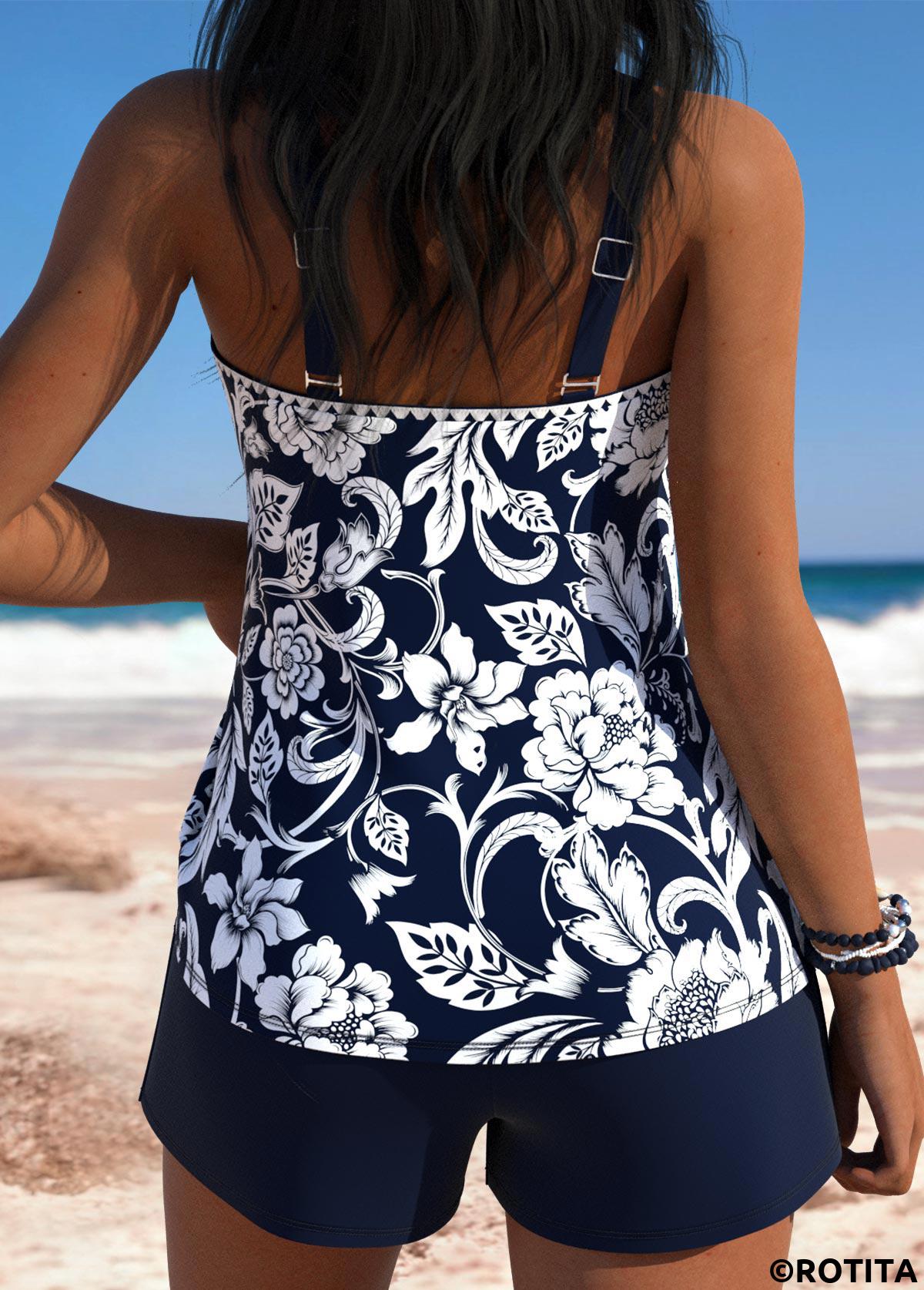 Navy swimwear,Plants swimwear,Floral swimwear,ROTITA Navy Pocket Random Floral Print Mid Waisted Tankini Set