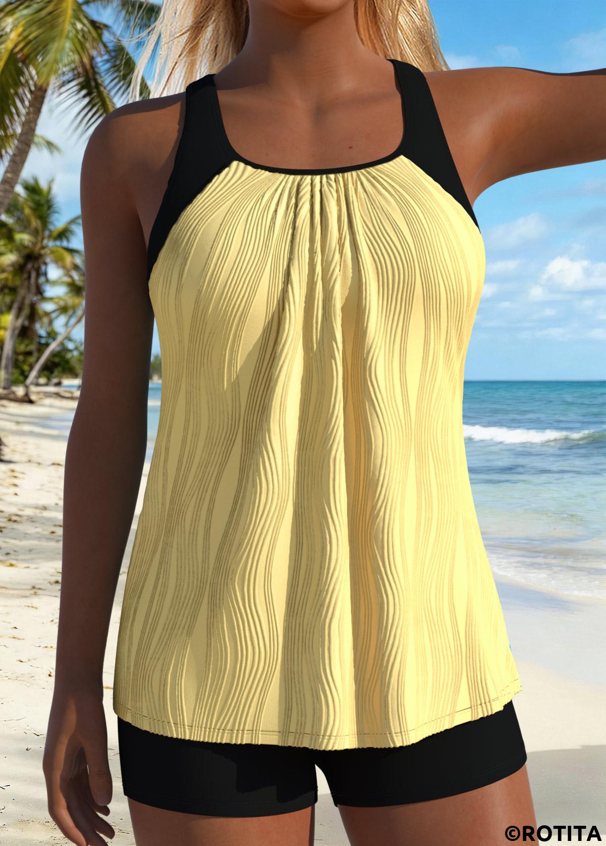 Yellow swimwear,Plain Color swimwear,ROTITA Yellow Layered Ruched Patchwork Tankini Top
