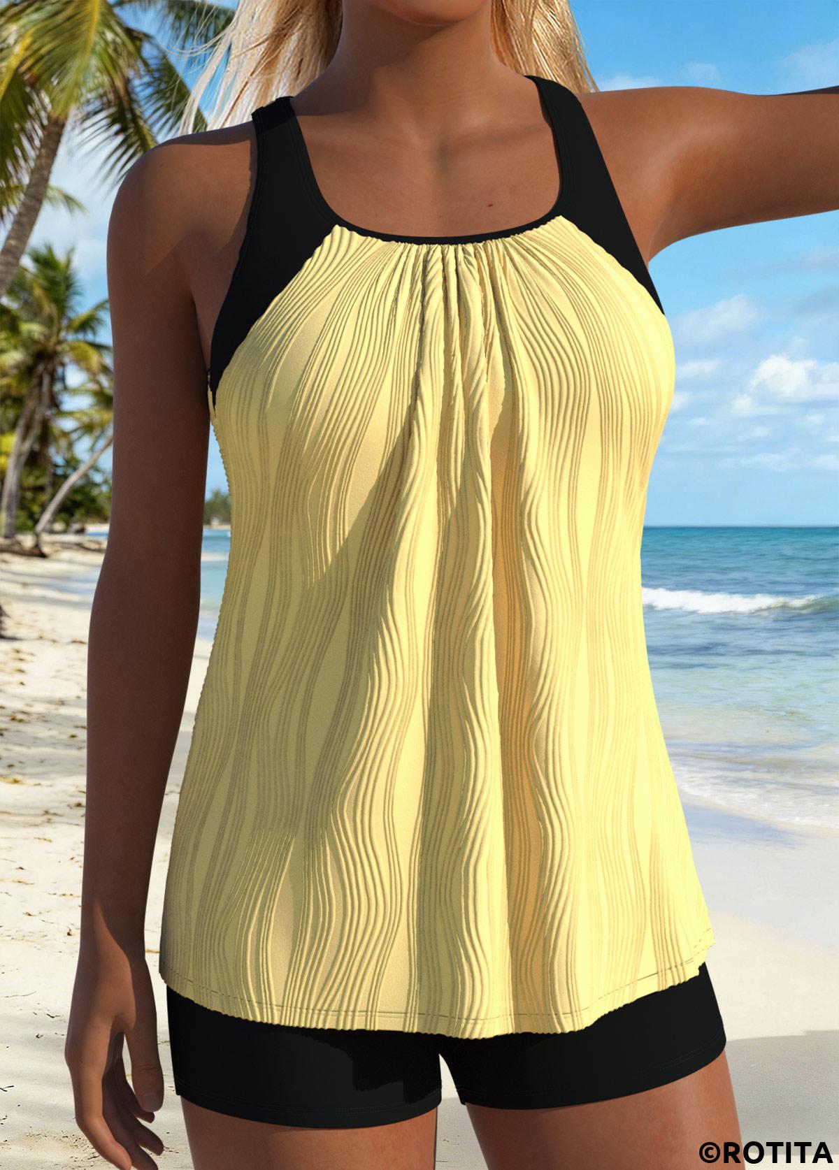 Yellow swimwear,Plain Color swimwear,ROTITA Yellow Layered Ruched Patchwork Tankini Top