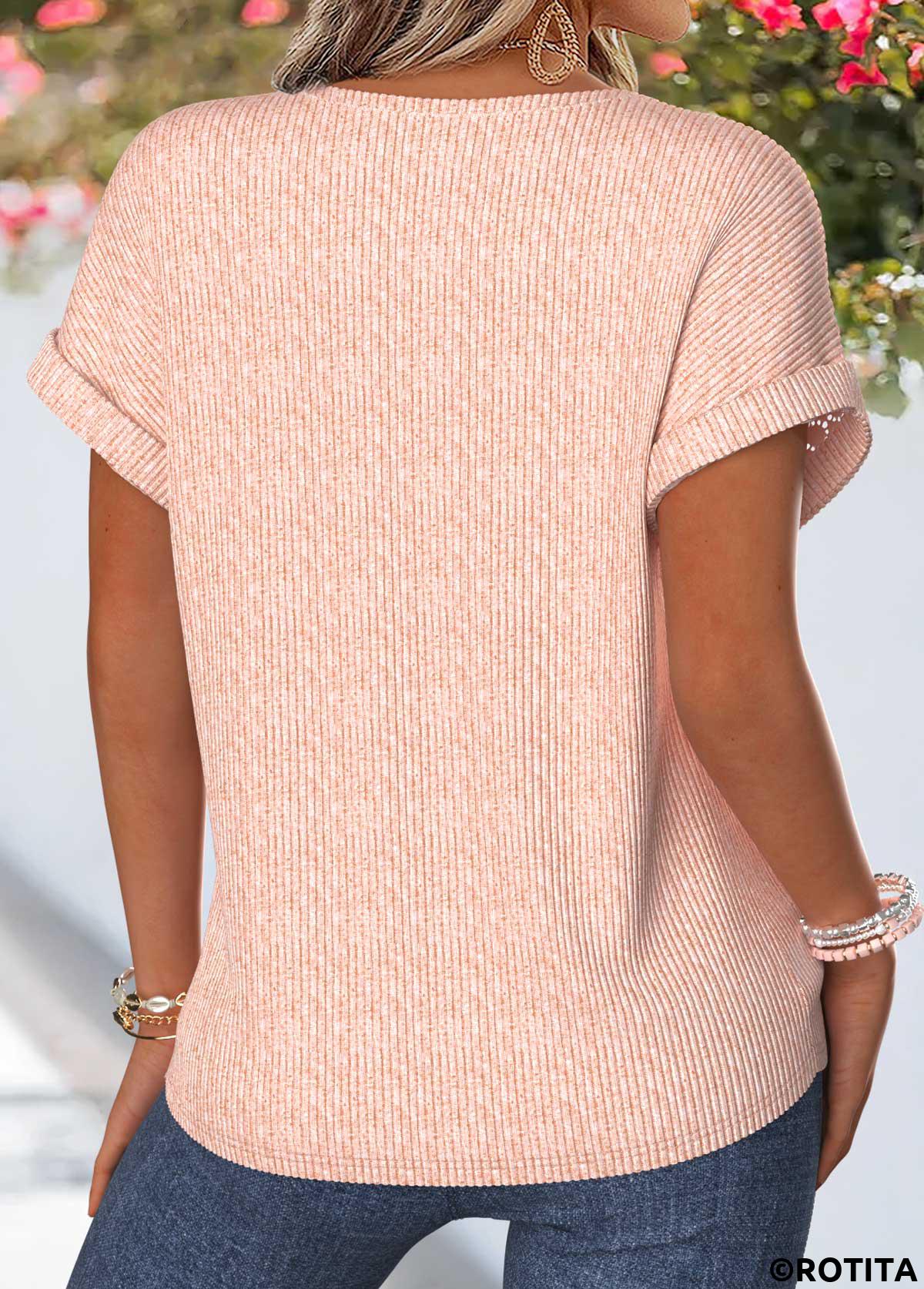 Light Pink tops,Plain Color tops,ROTITA Patchwork Light Pink Split Neck Short Sleeve Blouse