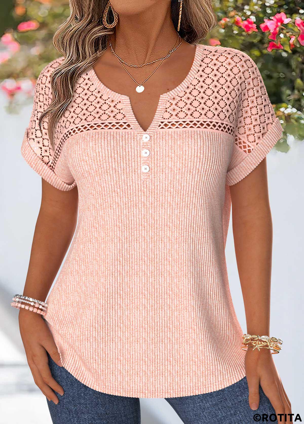 Light Pink tops,Plain Color tops,ROTITA Patchwork Light Pink Split Neck Short Sleeve Blouse