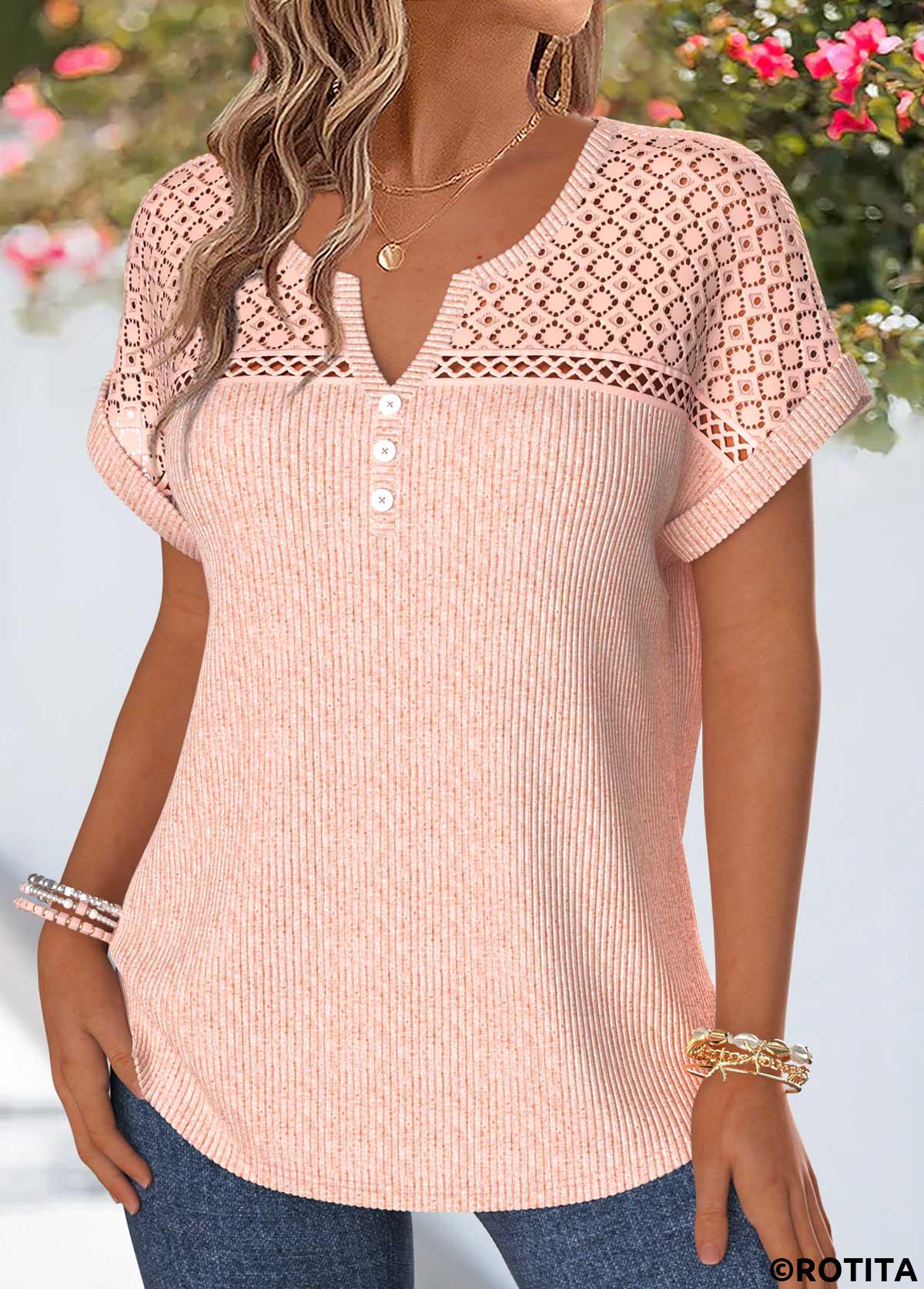 Light Pink tops,Plain Color tops,ROTITA Patchwork Light Pink Split Neck Short Sleeve Blouse
