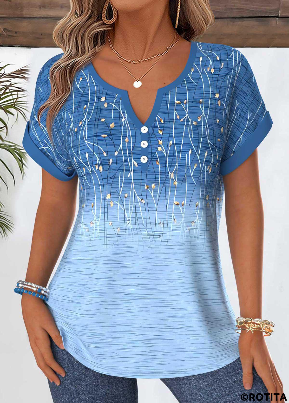 Blue tops,Ombre tops,ROTITA Tummy Coverage Ombre Blue Split Neck Short Sleeve Blouse