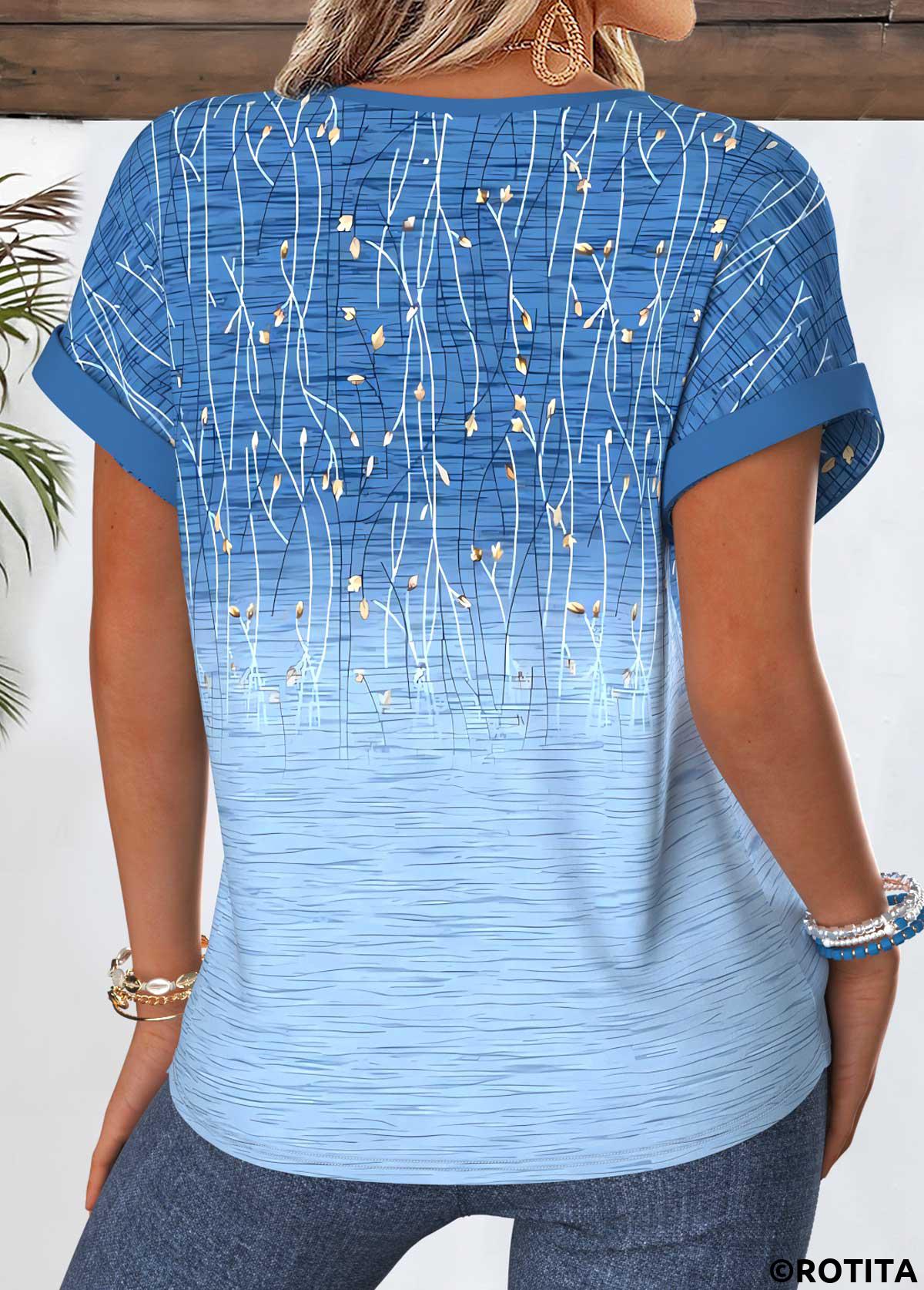 Blue tops,Ombre tops,ROTITA Tummy Coverage Ombre Blue Split Neck Short Sleeve Blouse