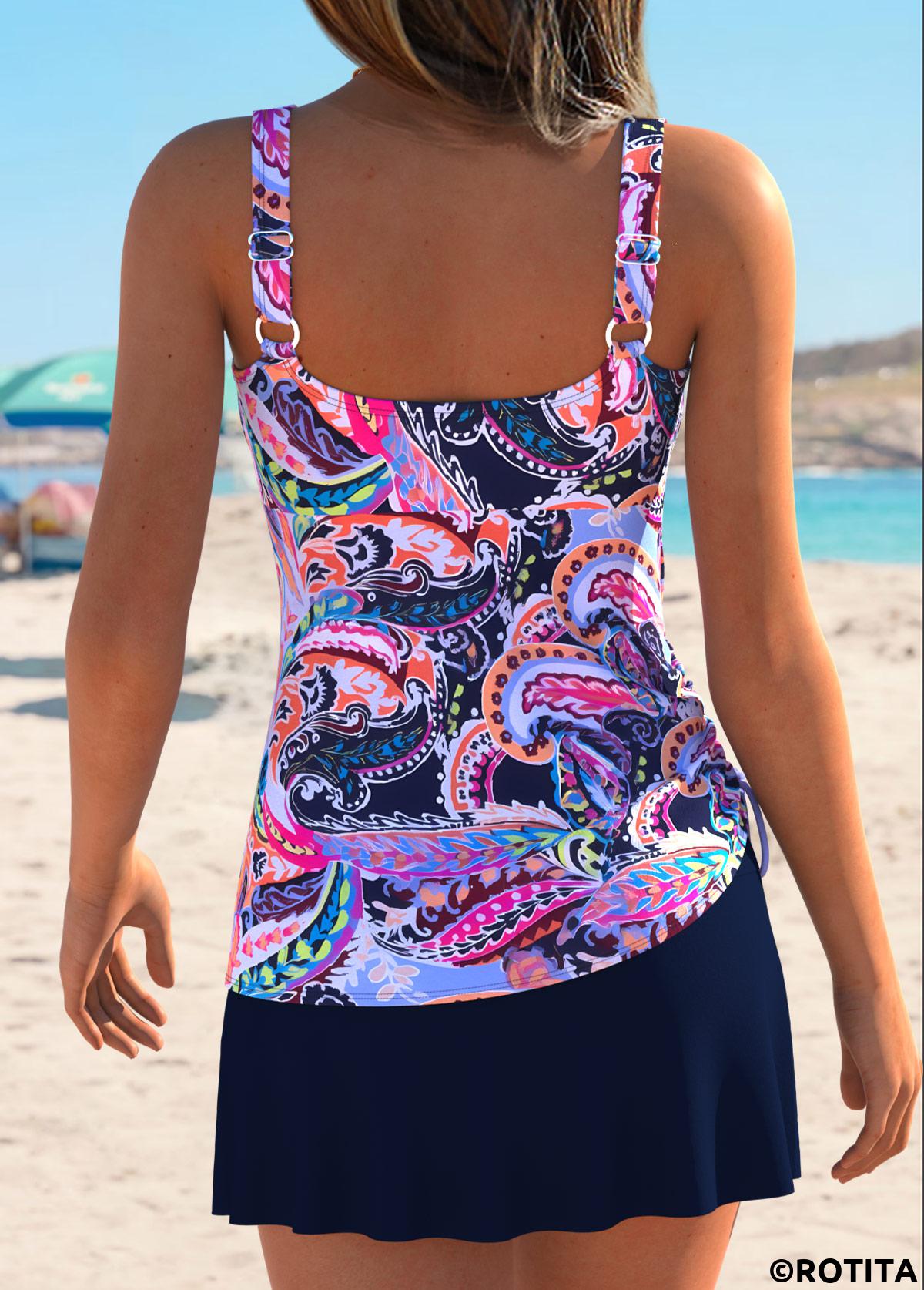 Multi Color swimwear,Paisley swimwear,ROTITA Multi Color Drawstring Paisley Print Mid Waisted Tankini Set