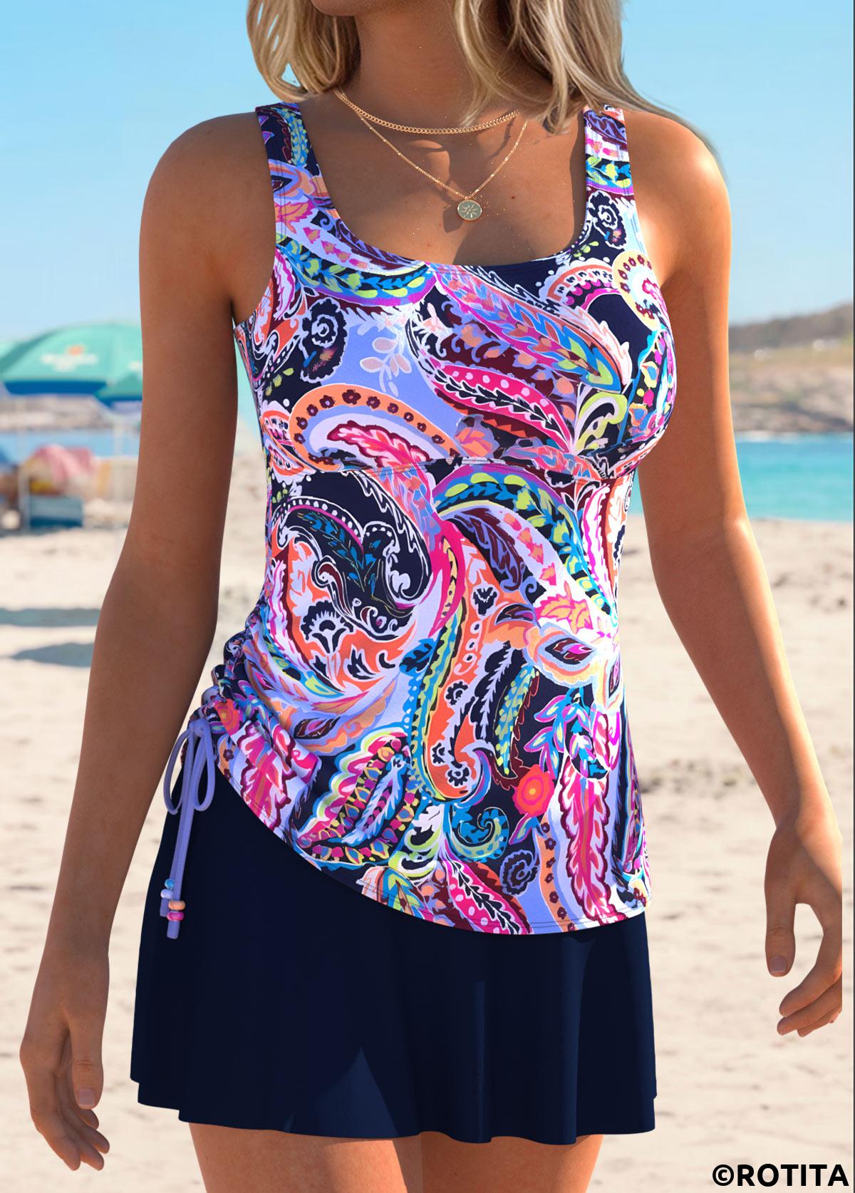 Multi Color swimwear,Paisley swimwear,ROTITA Multi Color Drawstring Paisley Print Mid Waisted Tankini Set